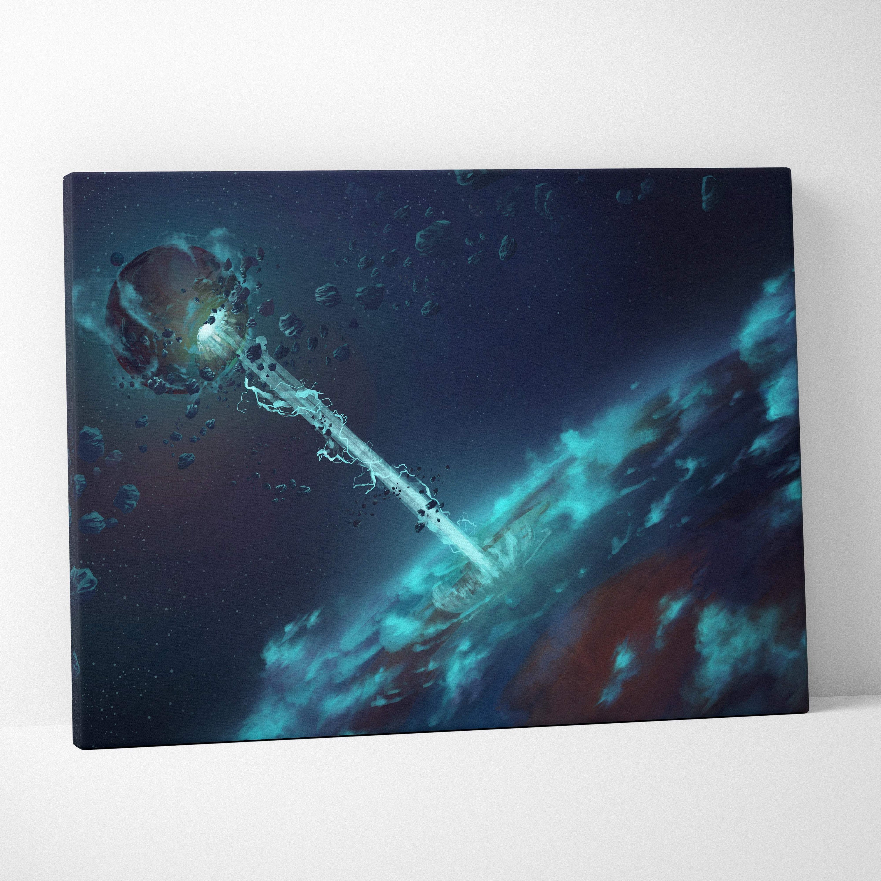 A canvas print featuring a glowing key-like object in blue and teal cosmic nebulae for futuristic bedroom decor