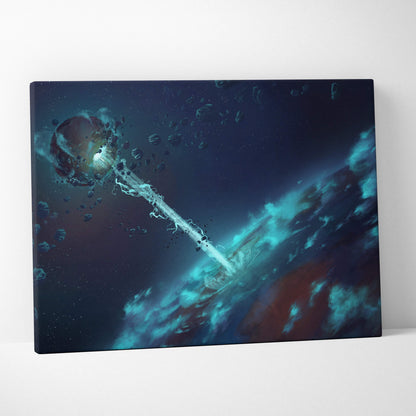 A canvas print featuring a glowing key-like object in blue and teal cosmic nebulae for futuristic bedroom decor