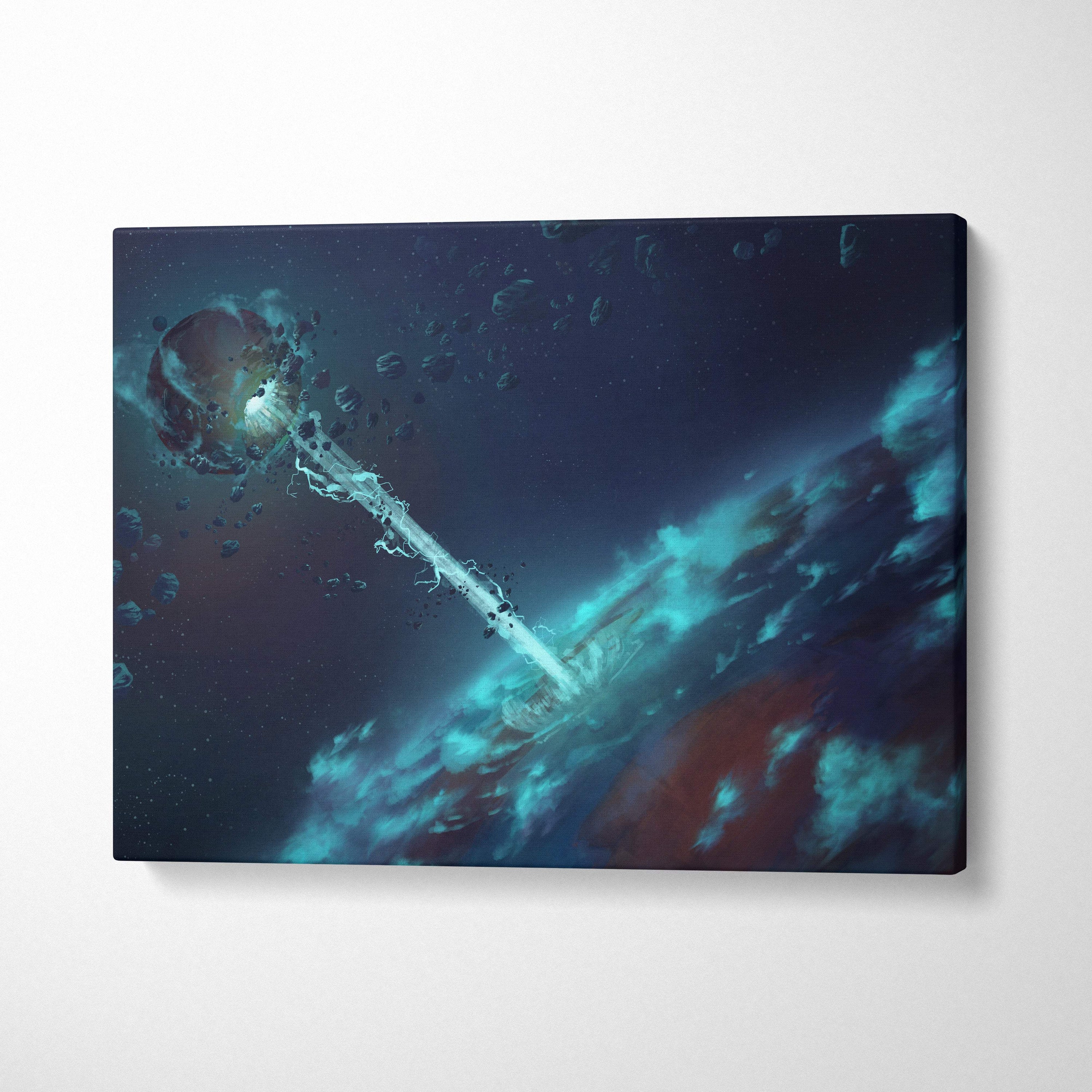 Canvas print of a glowing ethereal key piercing swirling blue and teal nebulae asteroid space station wall art decor