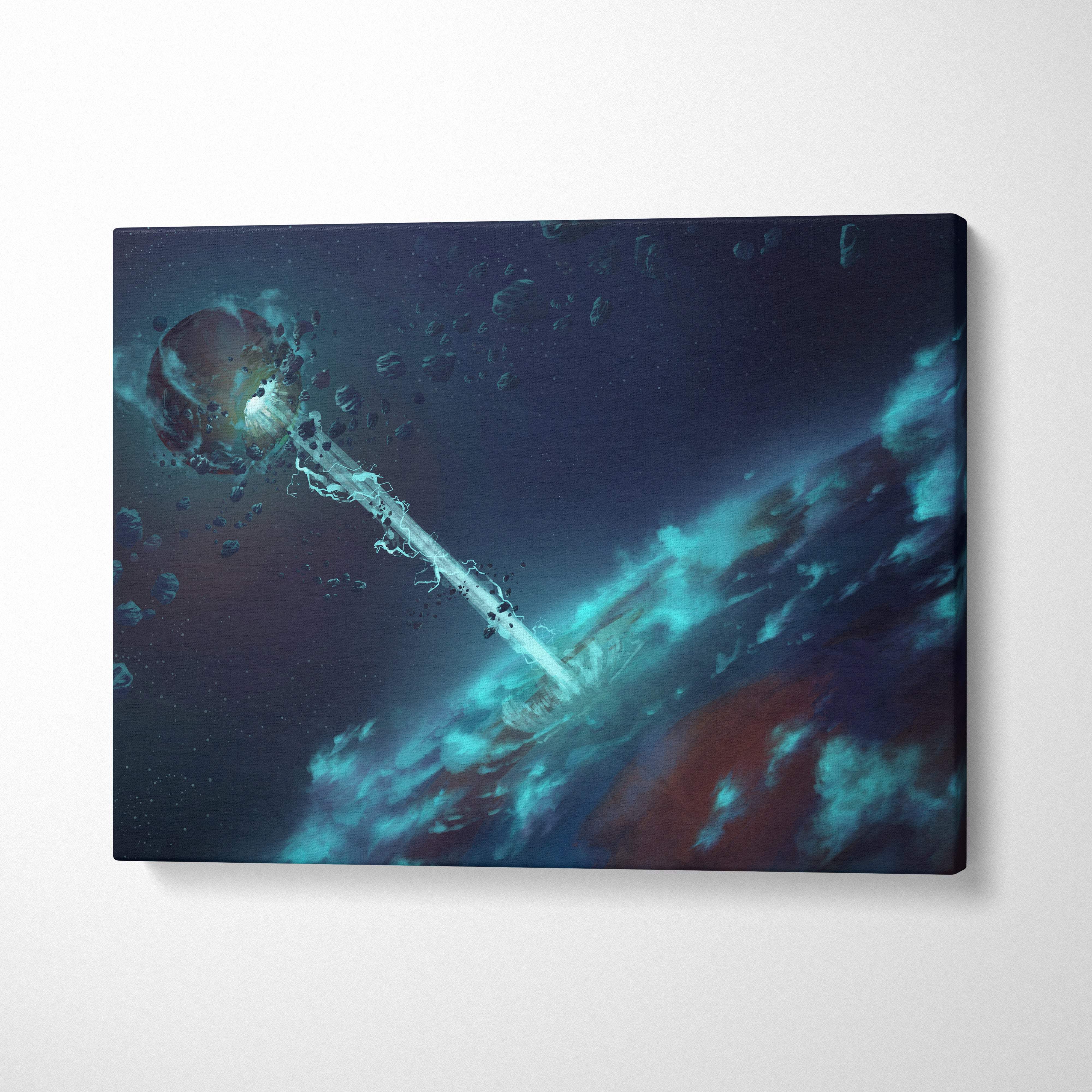 Canvas print of a glowing ethereal key piercing swirling blue and teal nebulae asteroid space station wall art decor