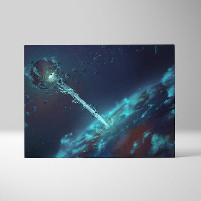 A rectangular canvas wall art print featuring a glowing staff piercing nebulae in blue and teal sci fi space decor