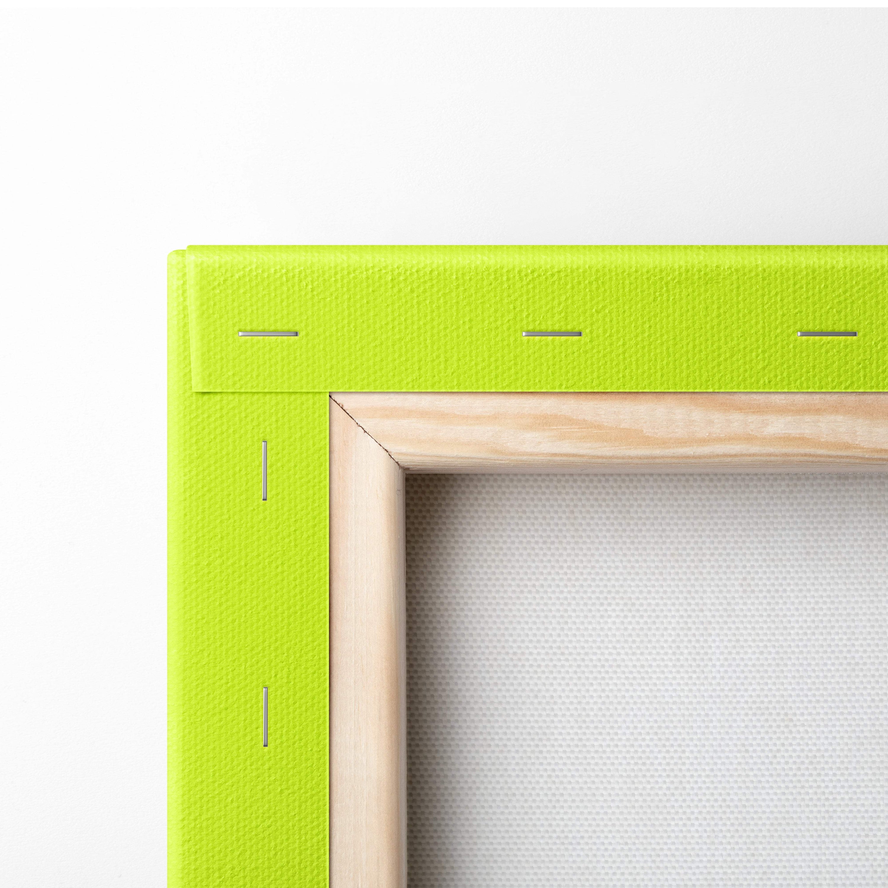Contemporary blue hand canvas wall art with bright lime green canvas and light wood border for modern abstract decor