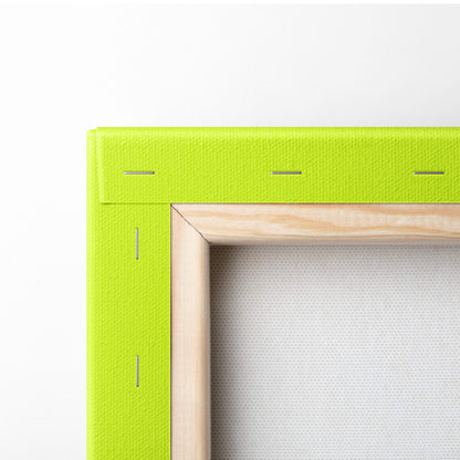Contemporary blue hand canvas wall art with bright lime green canvas and light wood border for modern abstract decor