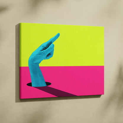 Contemporary canvas wall art featuring a vibrant turquoise hand from a black hole on neon yellow and magenta background