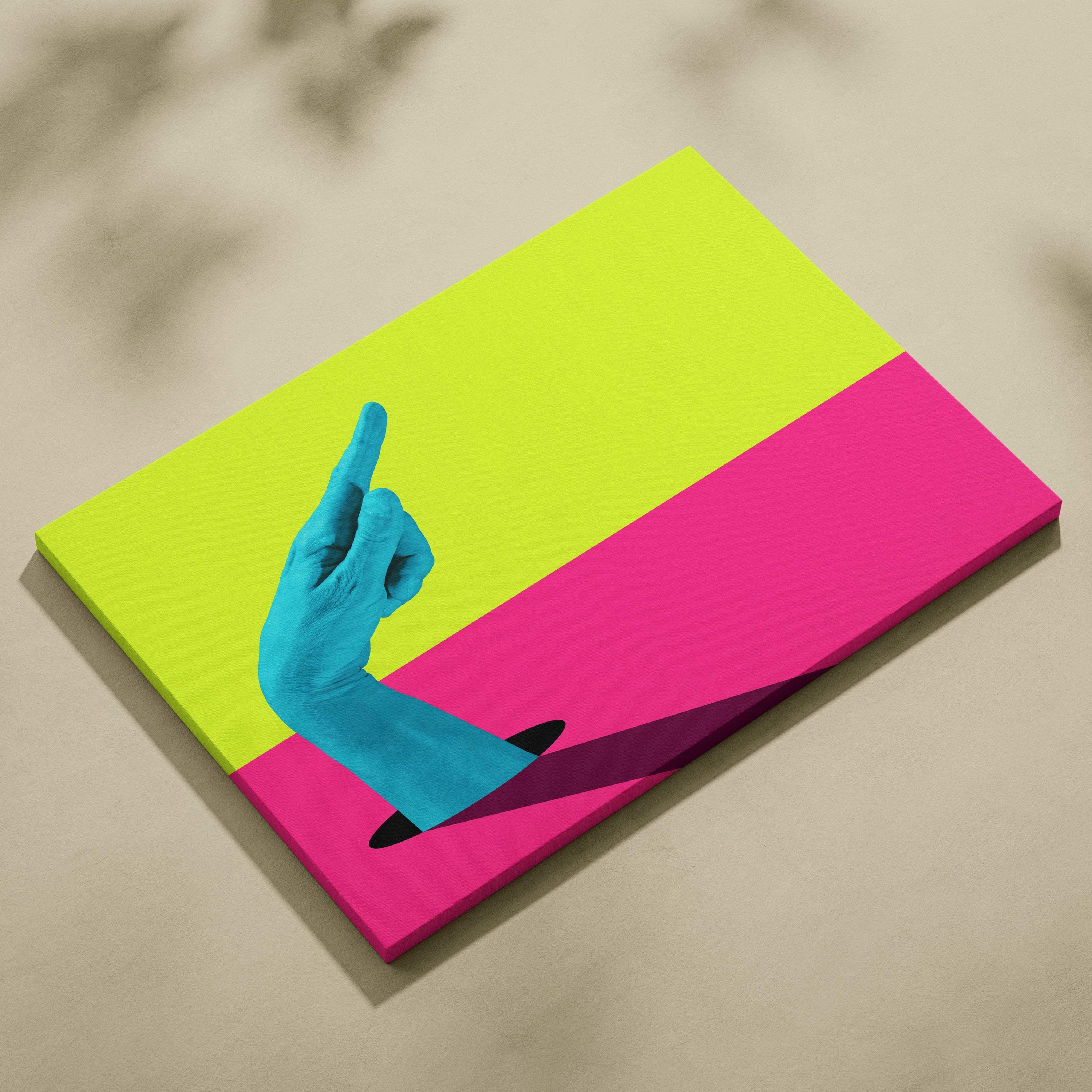 Vibrant neon canvas print of a stylized blue hand giving the middle finger with lime green and hot pink background