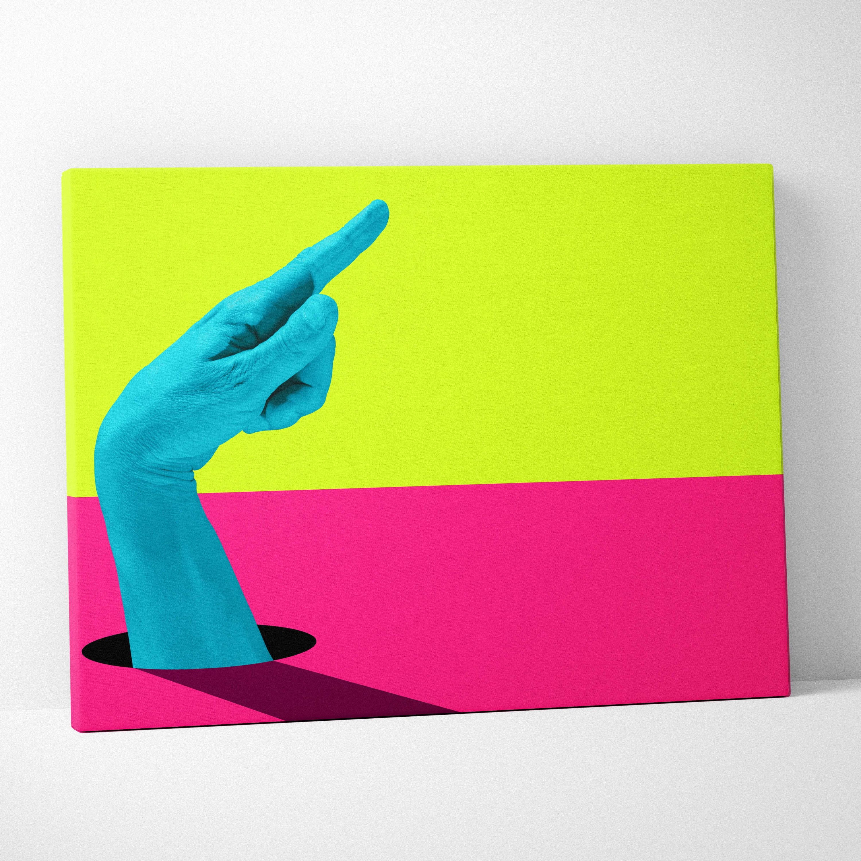 Contemporary blue hand canvas wall art with a turquoise hand emerging from a black hole on neon pink lime background