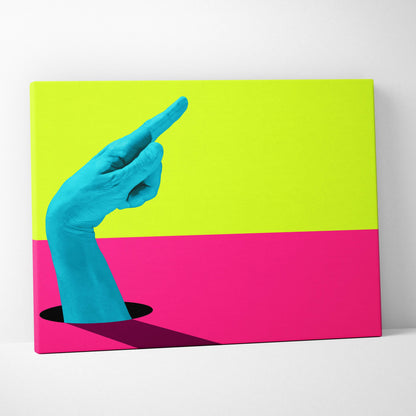 Contemporary blue hand canvas wall art with a turquoise hand emerging from a black hole on neon pink lime background