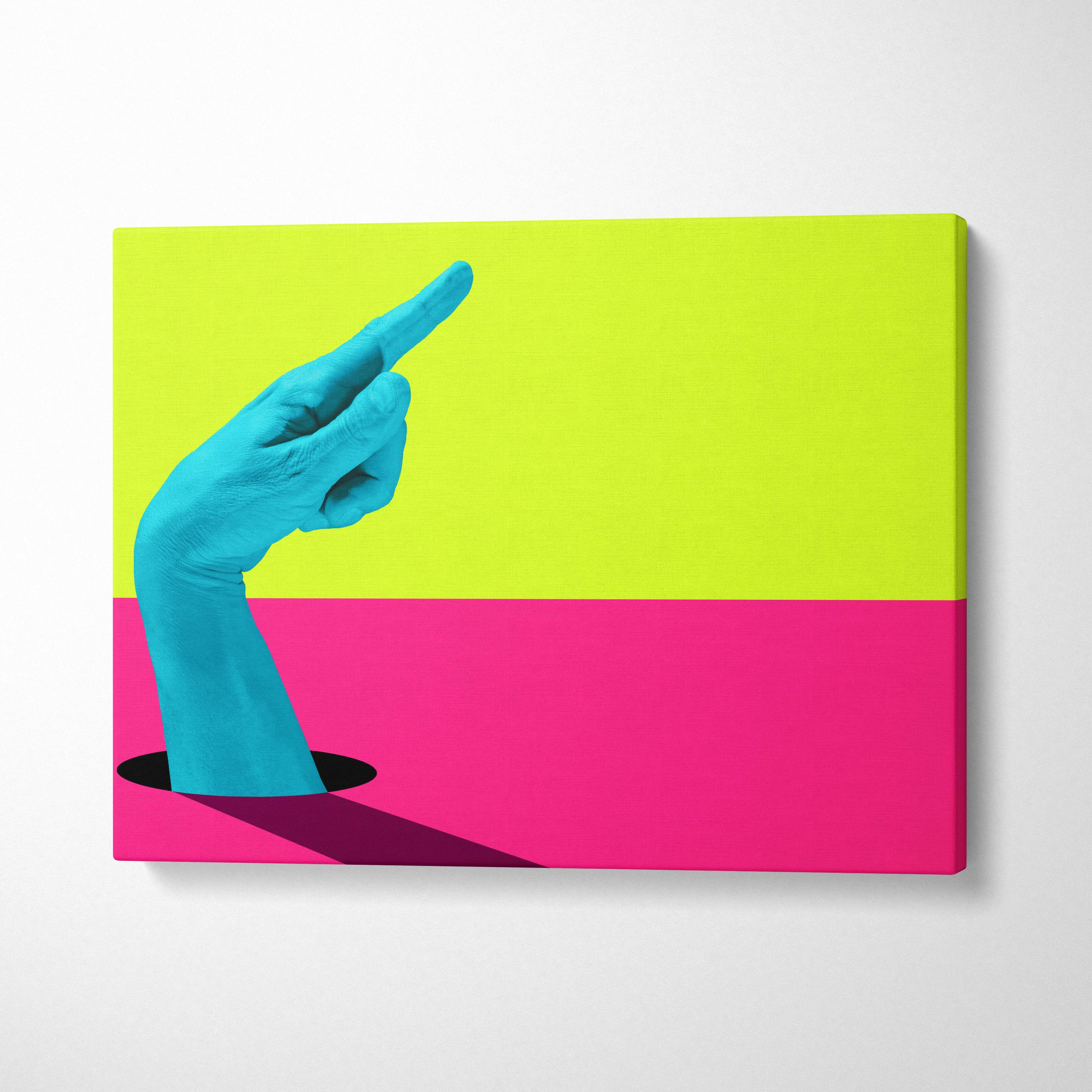 Contemporary canvas wall art of a turquoise hand emerging from a black hole on neon yellow and magenta background