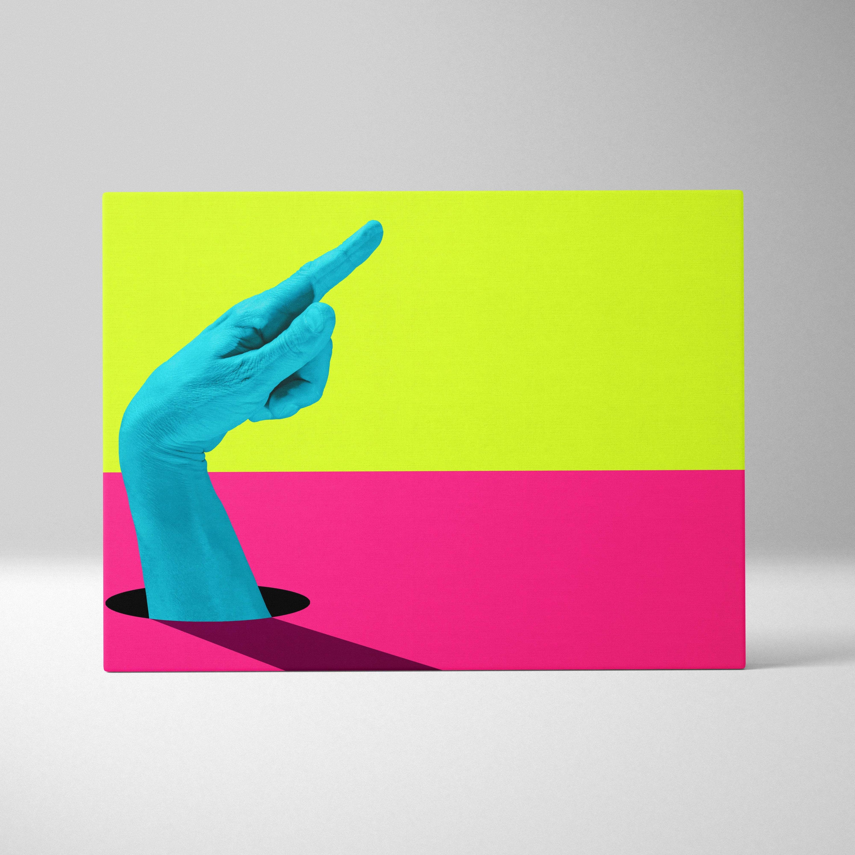 Contemporary blue hand canvas wall art featuring a vibrant cyan hand from a black hole on lime green and magenta background