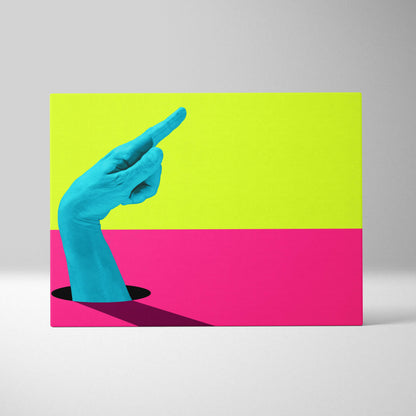 Contemporary blue hand canvas wall art featuring a vibrant cyan hand from a black hole on lime green and magenta background