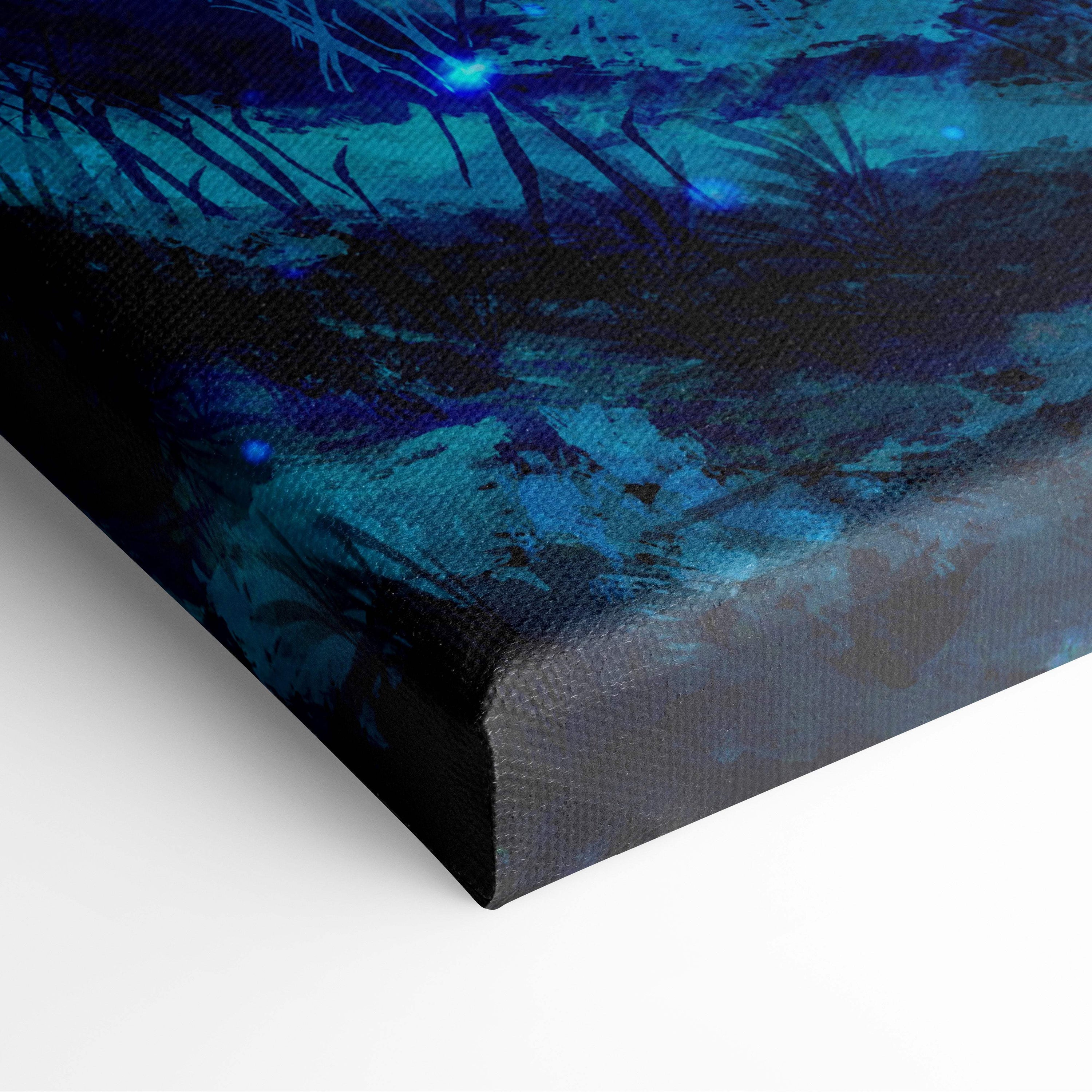 Enchanted Blue Forest canvas print featuring an abstract underwater scene with deep blues teal and glowing light effects