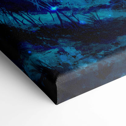 Enchanted Blue Forest canvas print featuring an abstract underwater scene with deep blues teal and glowing light effects