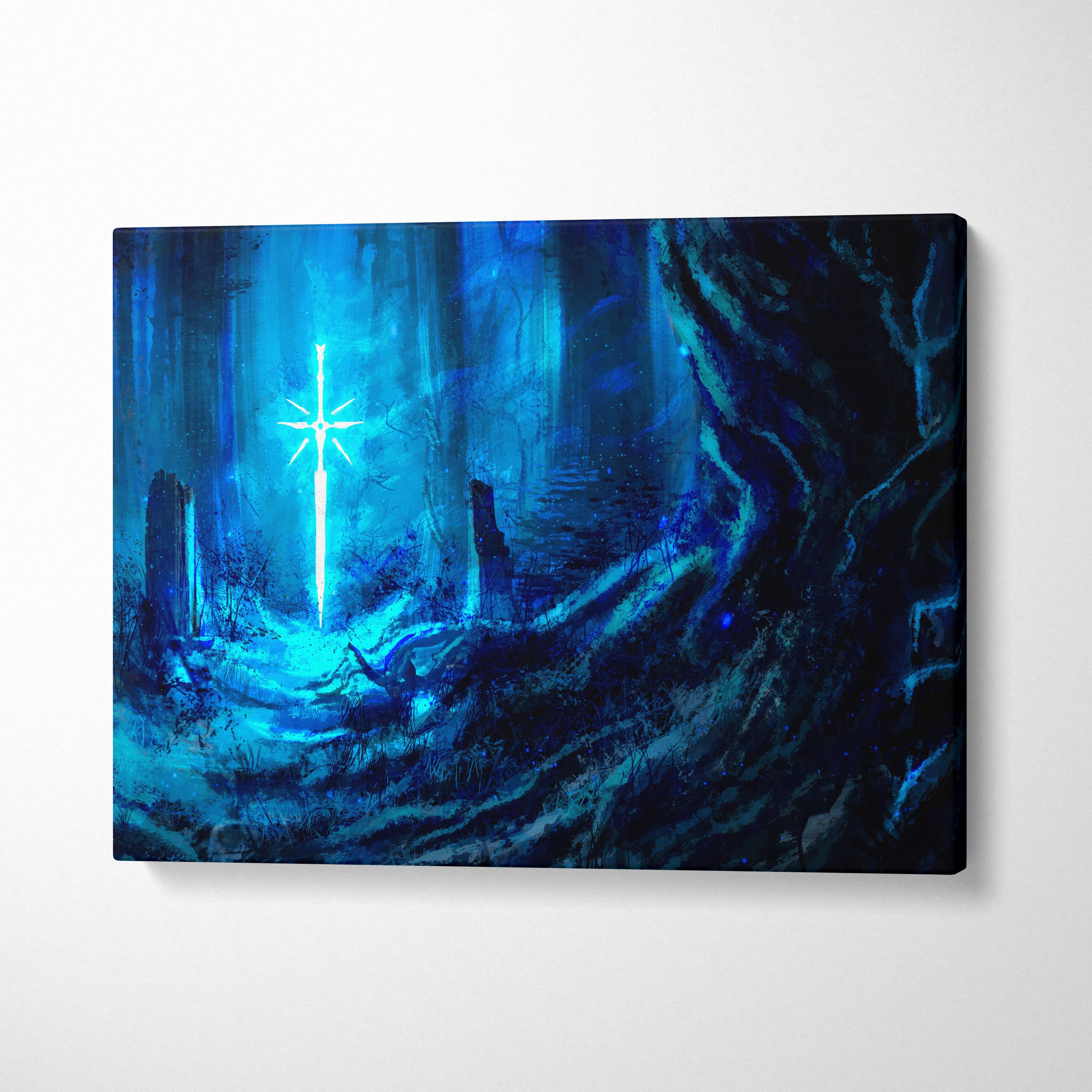Blue fantasy canvas print featuring a glowing sword in an enchanted forest with ethereal light beams and dark fantasy decor
