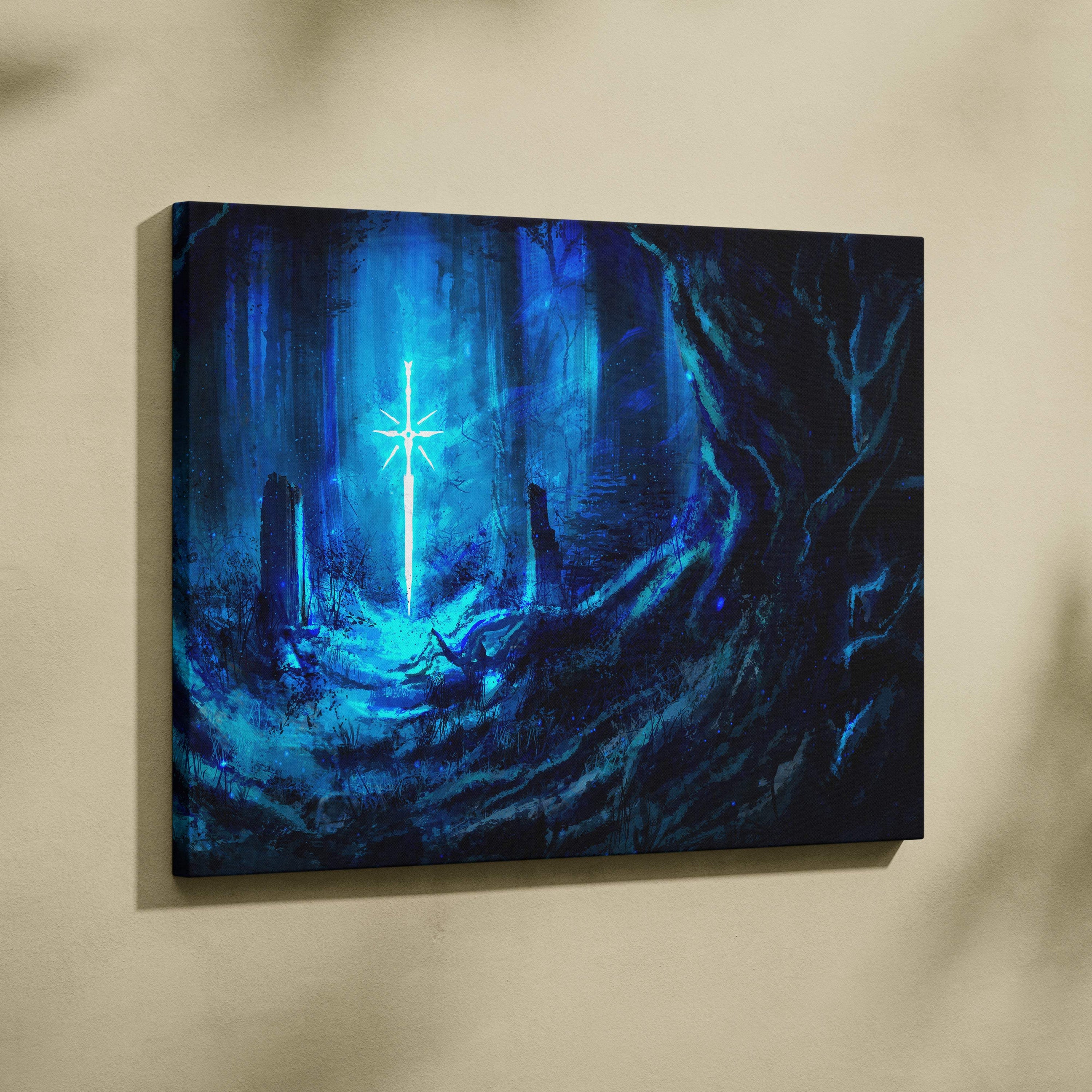 Blue canvas wall art showing a glowing sword in a dark forest with ethereal light beams for moody decor
