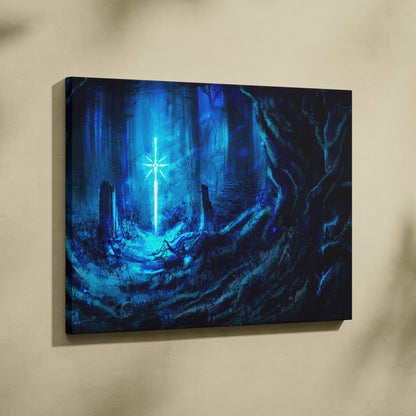 Blue canvas wall art showing a glowing sword in a dark forest with ethereal light beams for moody decor