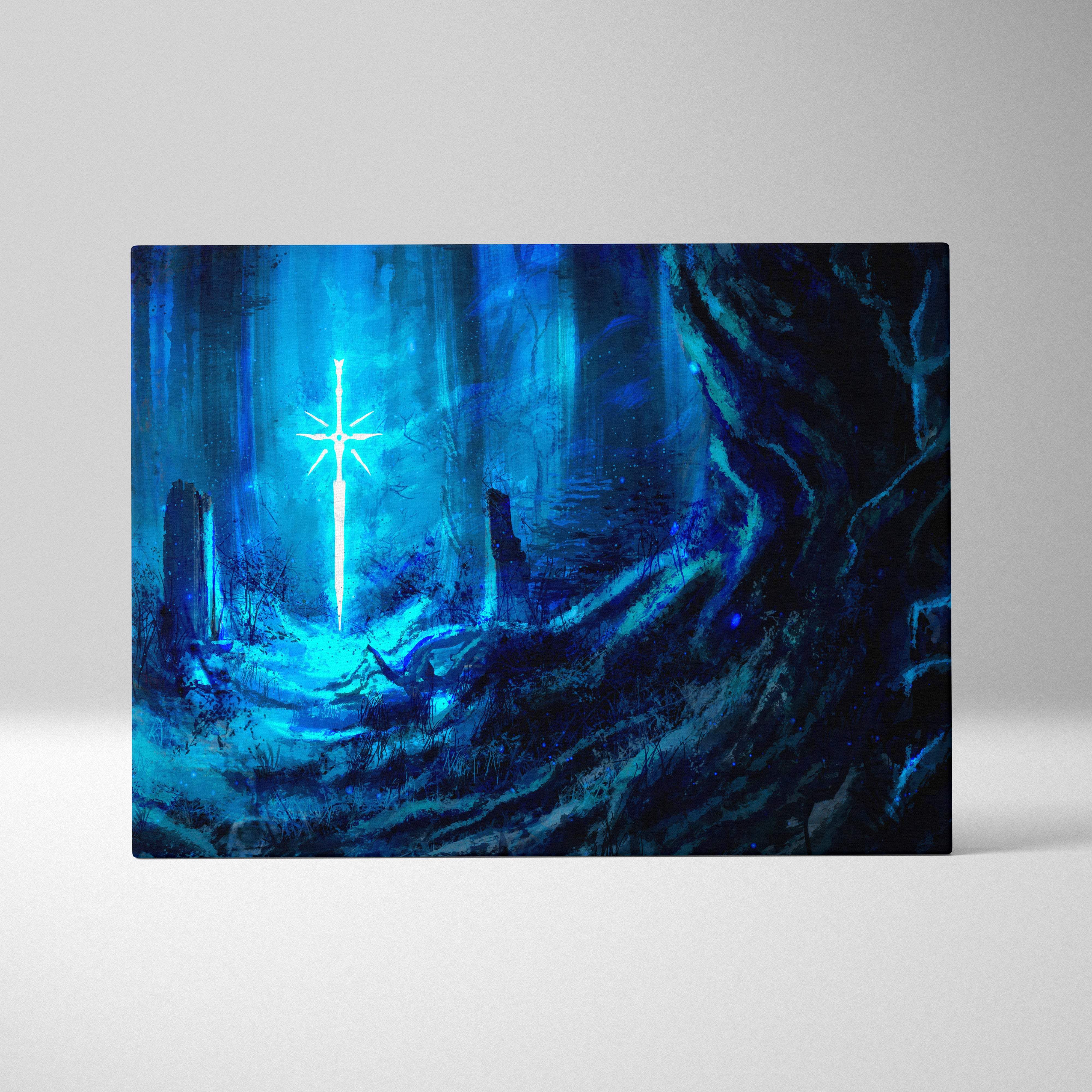 Enchanted blue forest canvas wall art featuring a glowing blue sword with a starburst hilt in a mystical forest setting