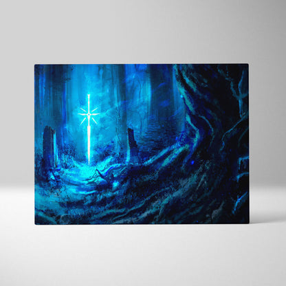Enchanted blue forest canvas wall art featuring a glowing blue sword with a starburst hilt in a mystical forest setting