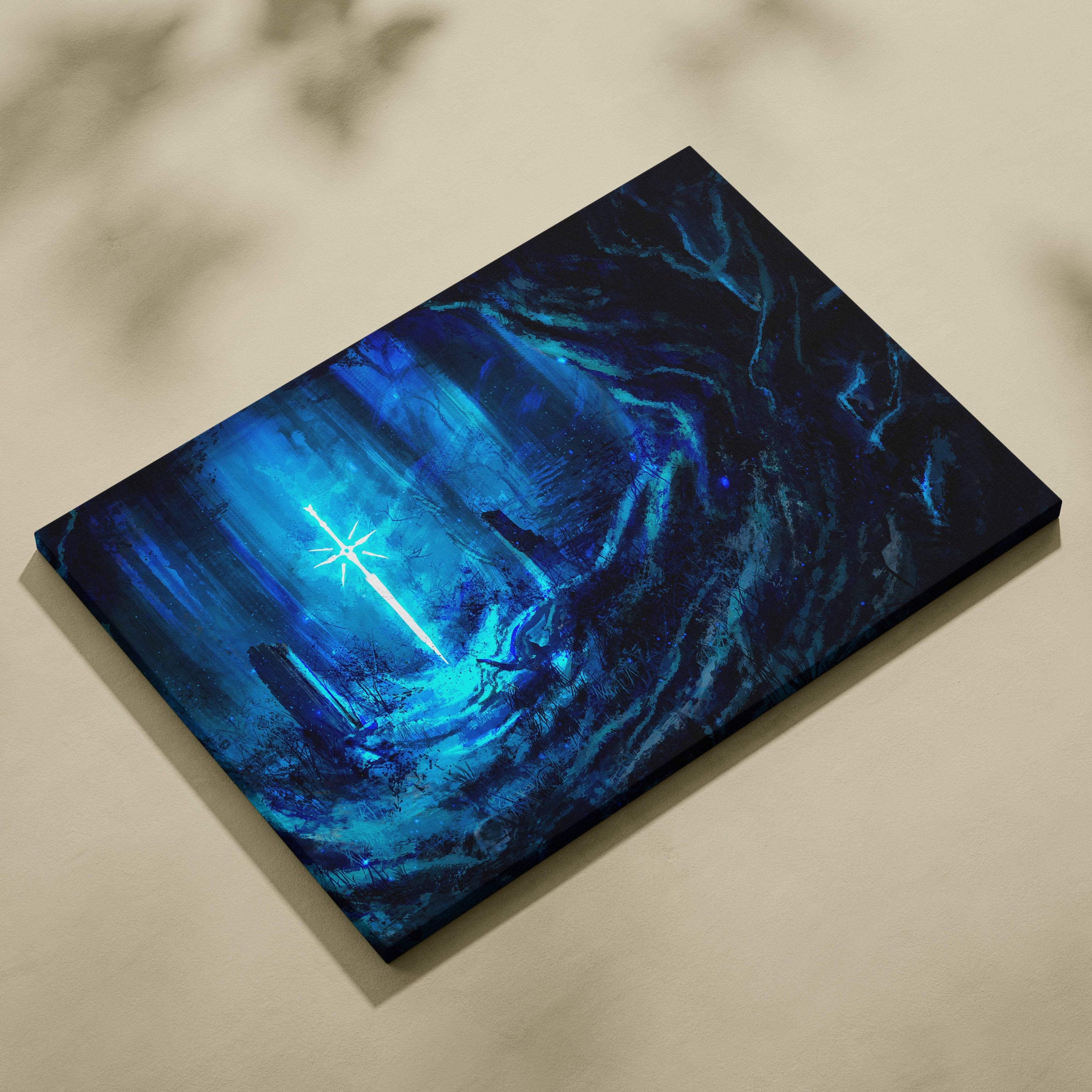 A rectangular canvas painting of a glowing blue lightsaber in a dark fantasy enchanted forest scene for wall art