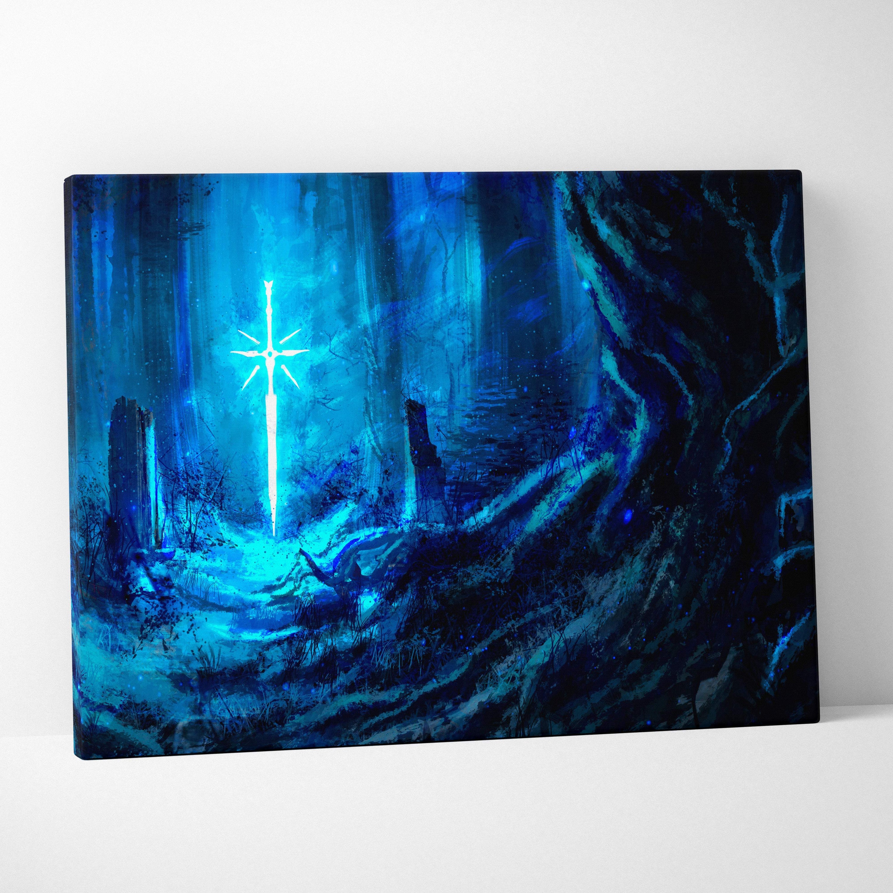 Enchanted blue forest canvas wall art featuring a glowing blue sword in a mystical dark fantasy landscape with ethereal light