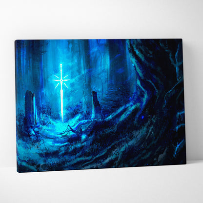 Enchanted blue forest canvas wall art featuring a glowing blue sword in a mystical dark fantasy landscape with ethereal light