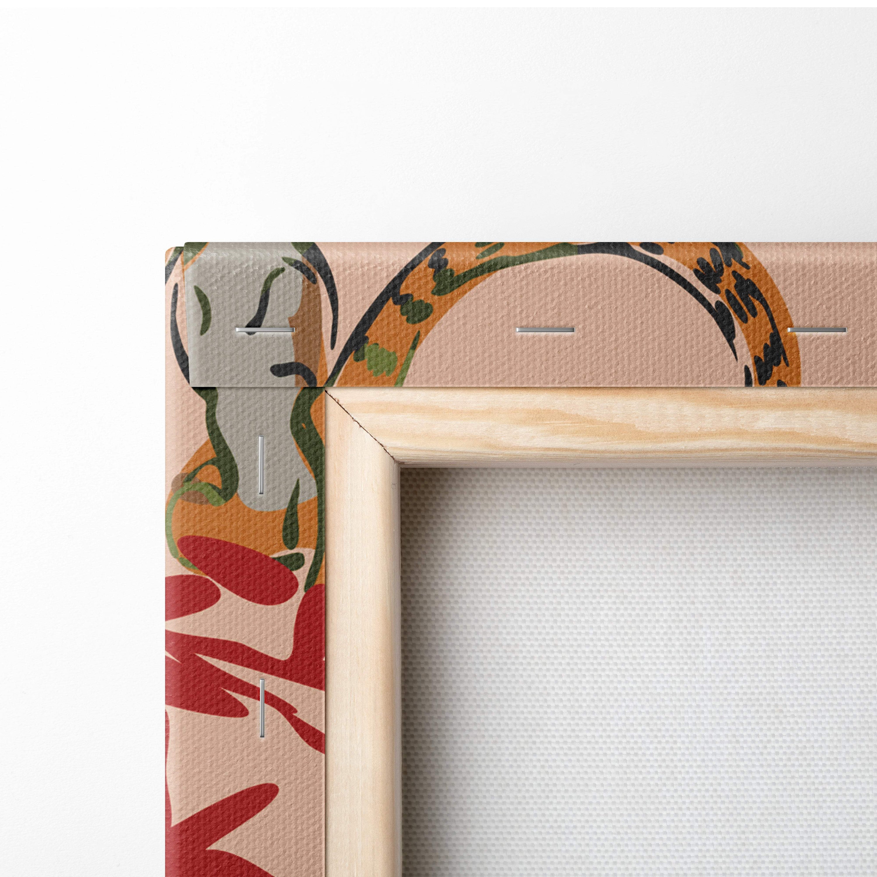 A wooden-framed tiger bamboo pattern canvas wall art with vibrant red and orange abstract design on beige background