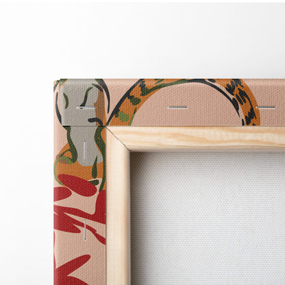 A wooden-framed tiger bamboo pattern canvas wall art with vibrant red and orange abstract design on beige background
