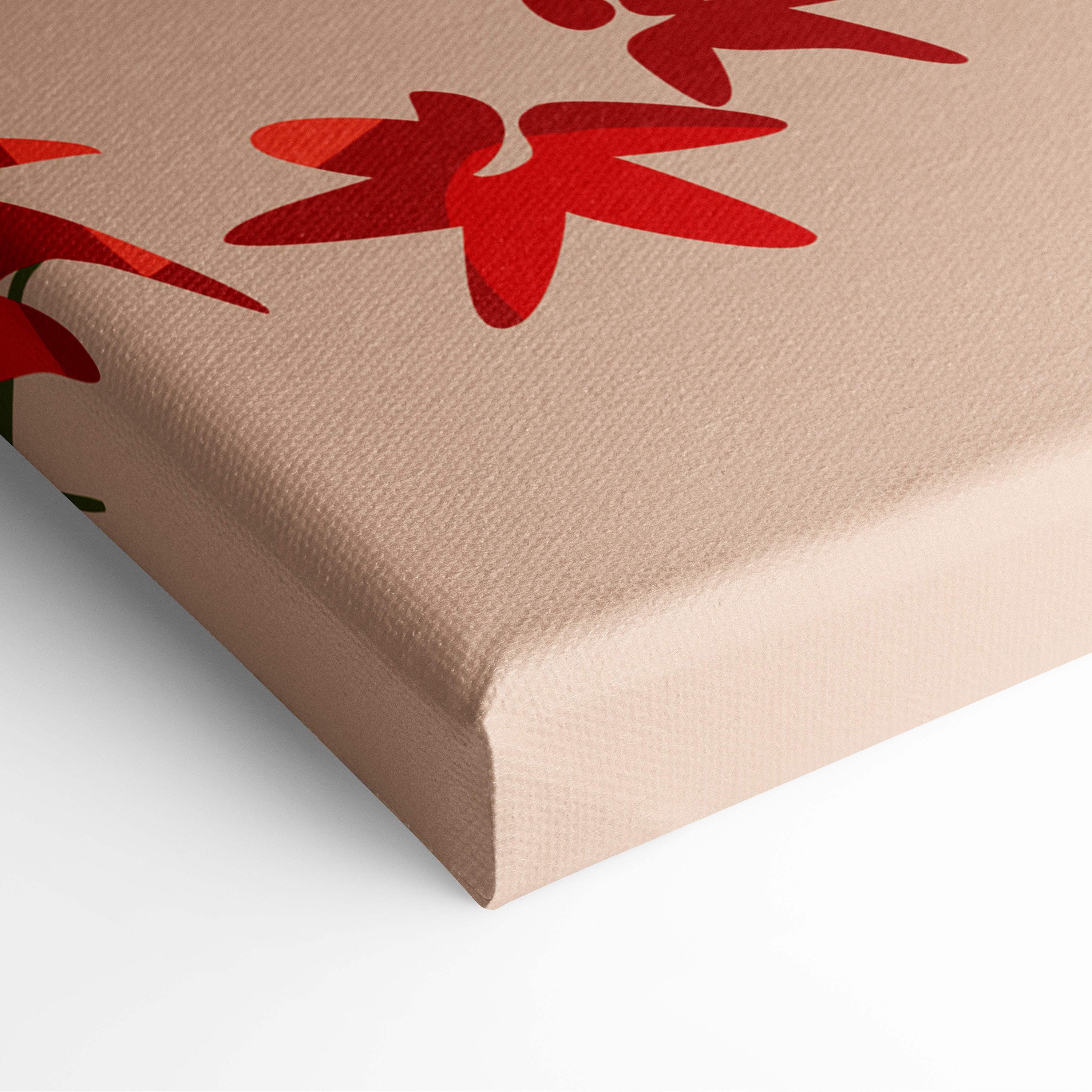 Beige canvas print with bold red star-shaped floral designs tiger bamboo pattern asian botanical wall art