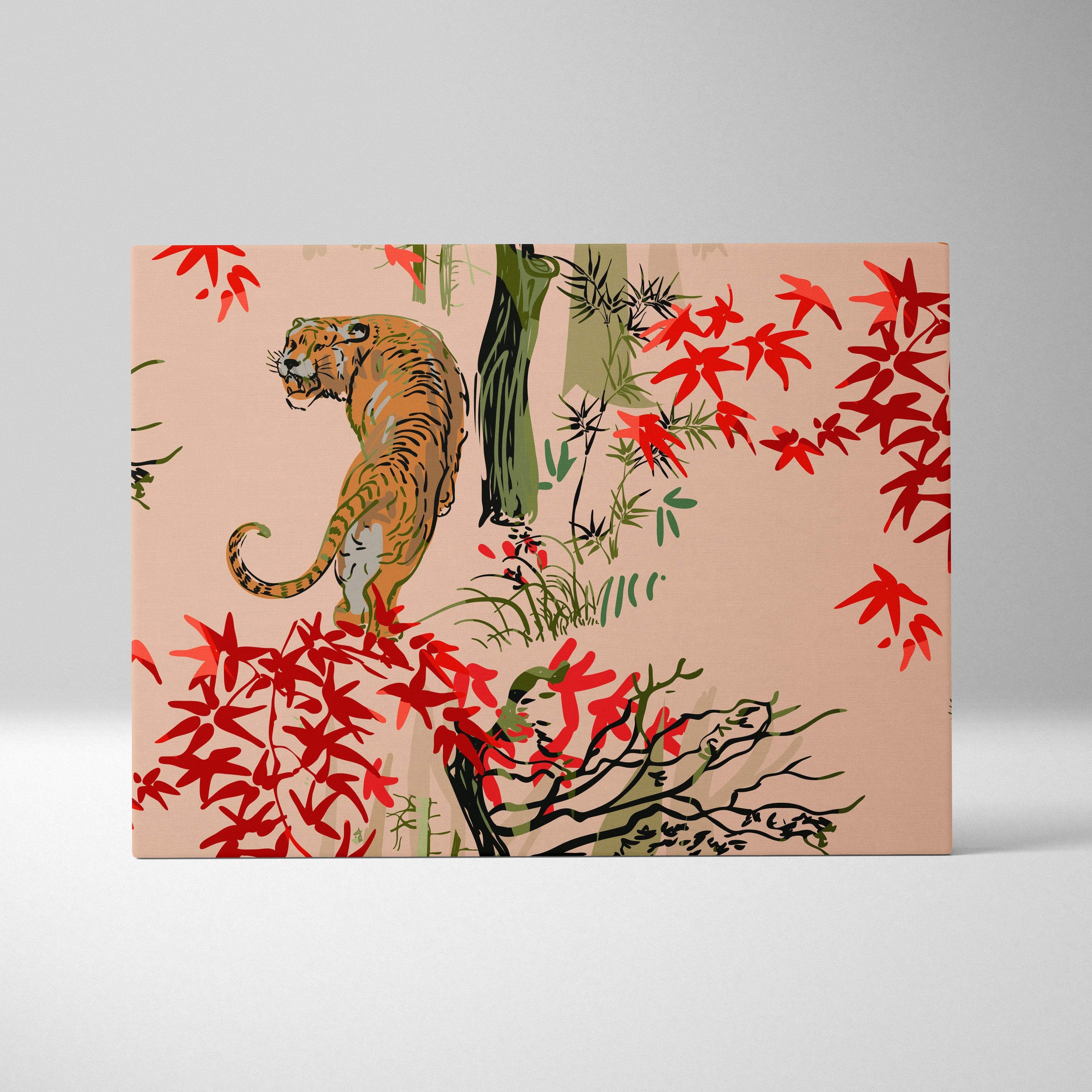 A rectangular canvas wall art featuring an orange tiger with red maple leaves and green bamboo on a peach background