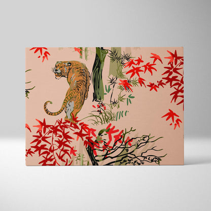 A rectangular canvas wall art featuring an orange tiger with red maple leaves and green bamboo on a peach background