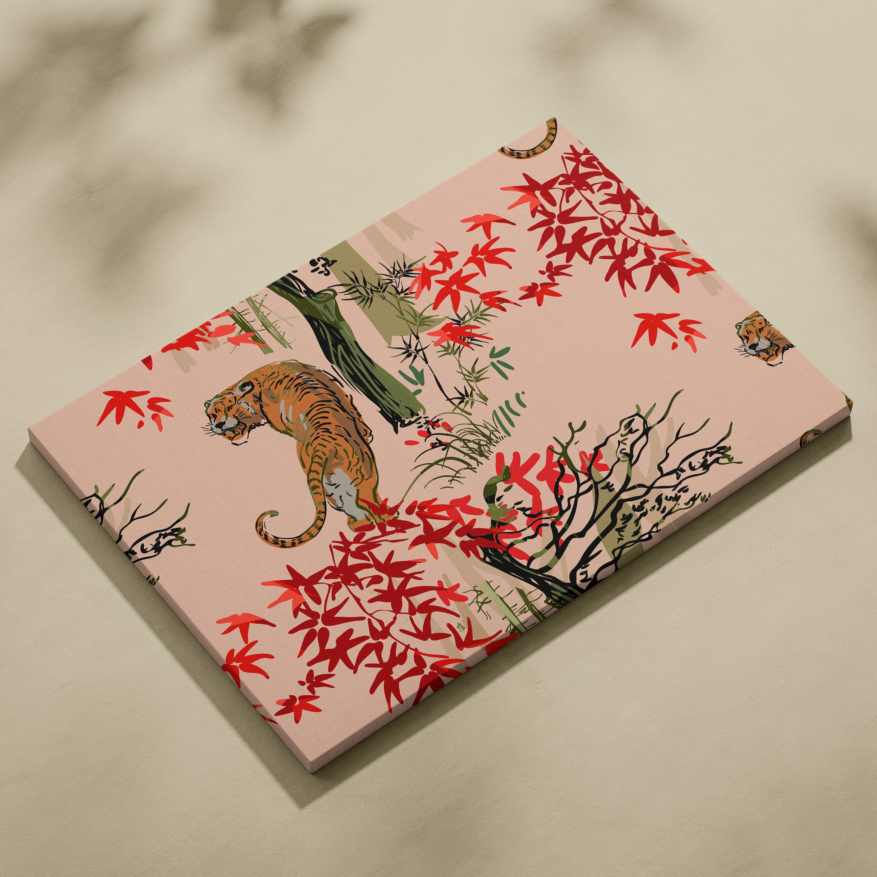 Rectangular canvas wall art featuring a stylized orange tiger with red maple leaves and green bamboo on soft pink background