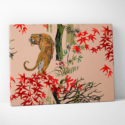 A vibrant canvas wall art featuring an orange tiger with black stripes among red maple leaves and green bamboo