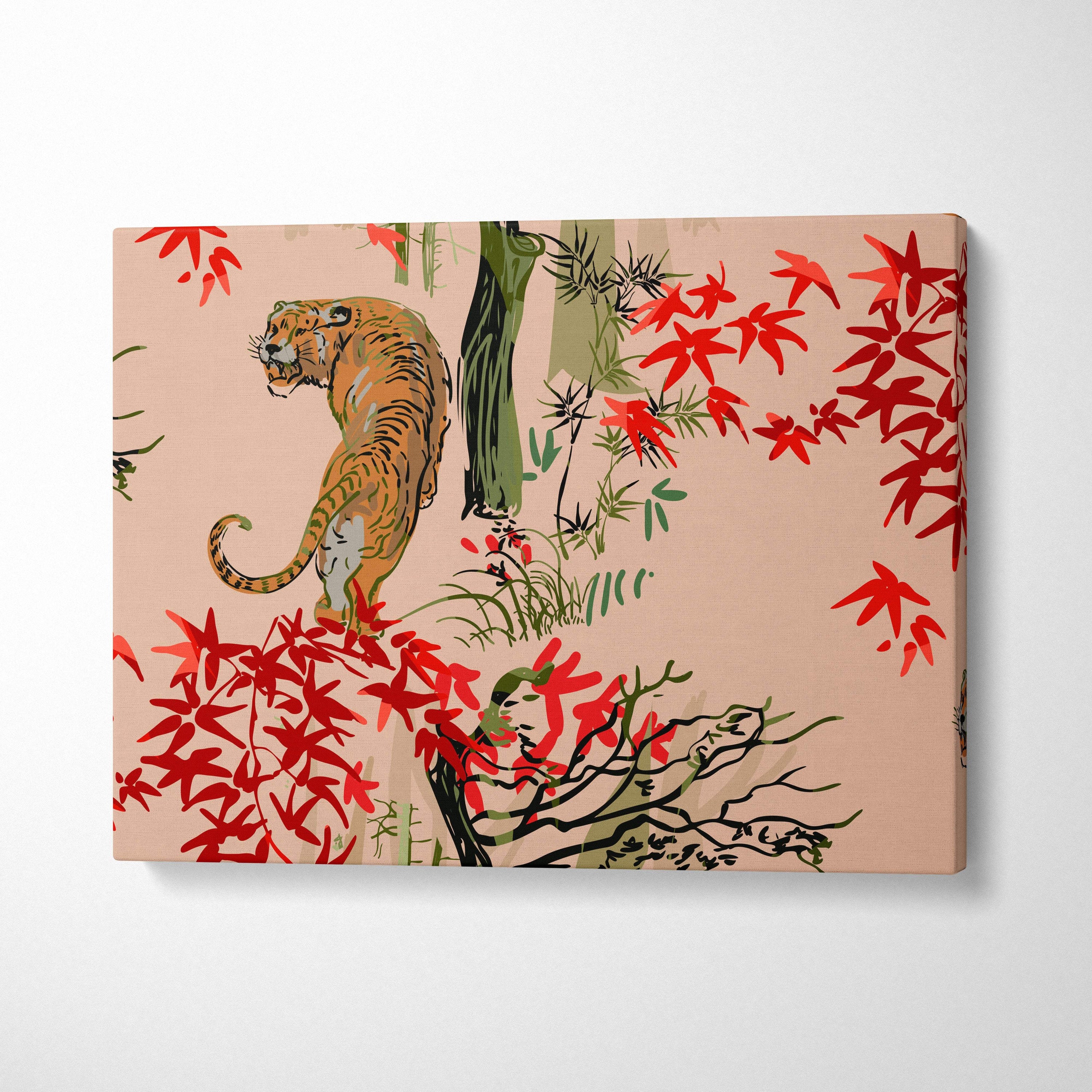 Rectangular canvas print of a stylized orange tiger with black stripes amid red maple leaves and green bamboo on pink background