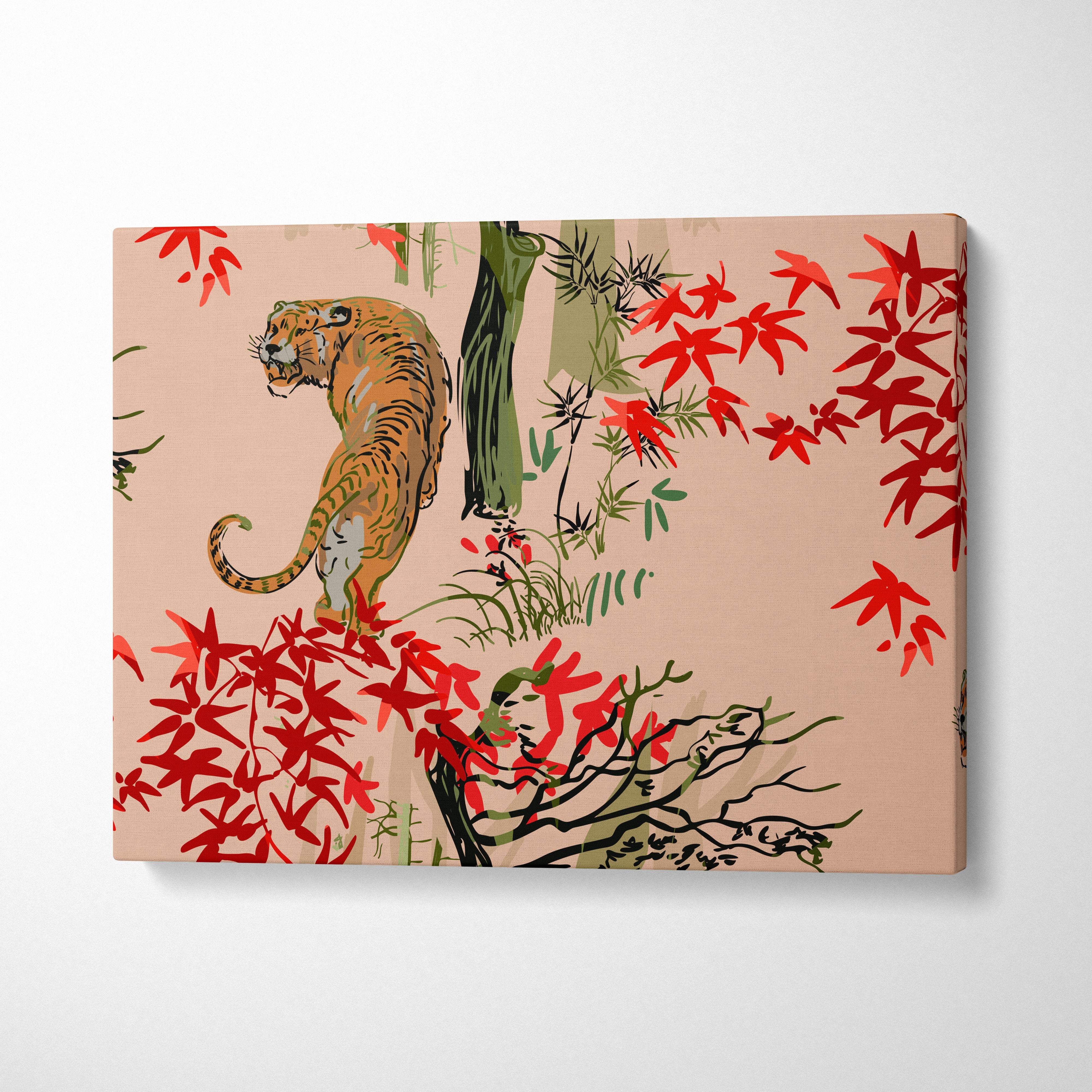 Rectangular canvas print of a stylized orange tiger with black stripes amid red maple leaves and green bamboo on pink background