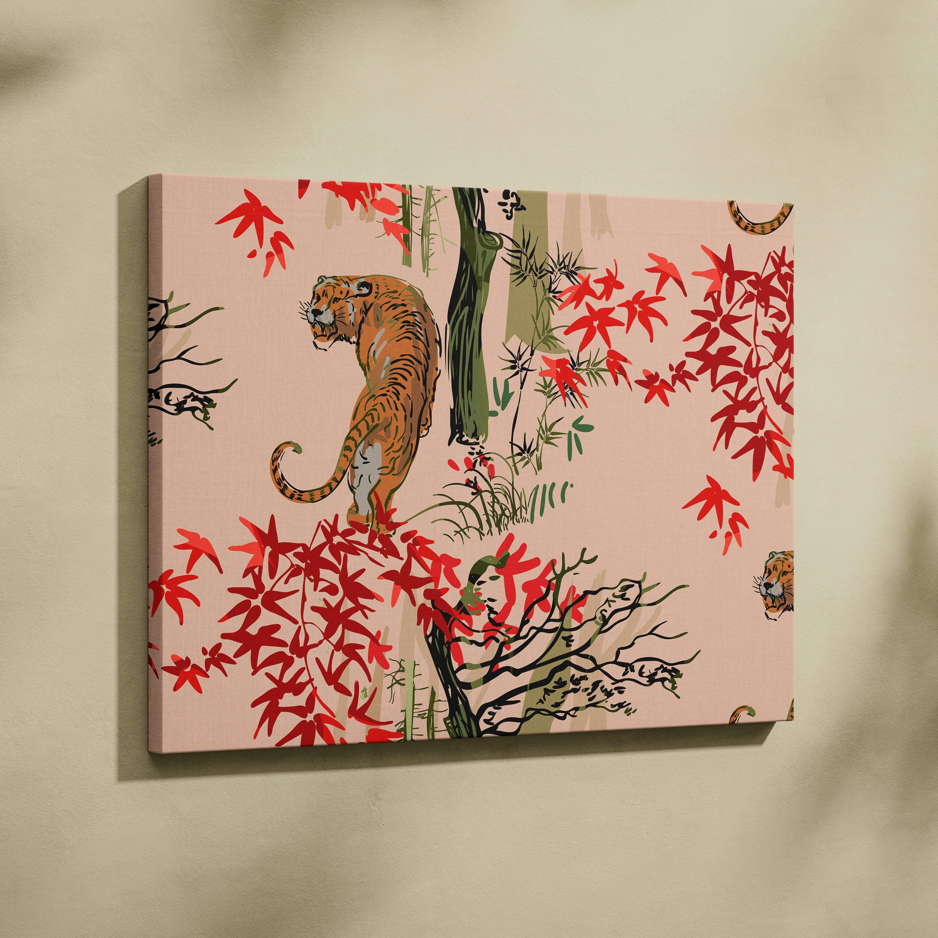 Pink canvas wall art featuring a stylized orange tiger with red maple leaves and green bamboo for living room decor