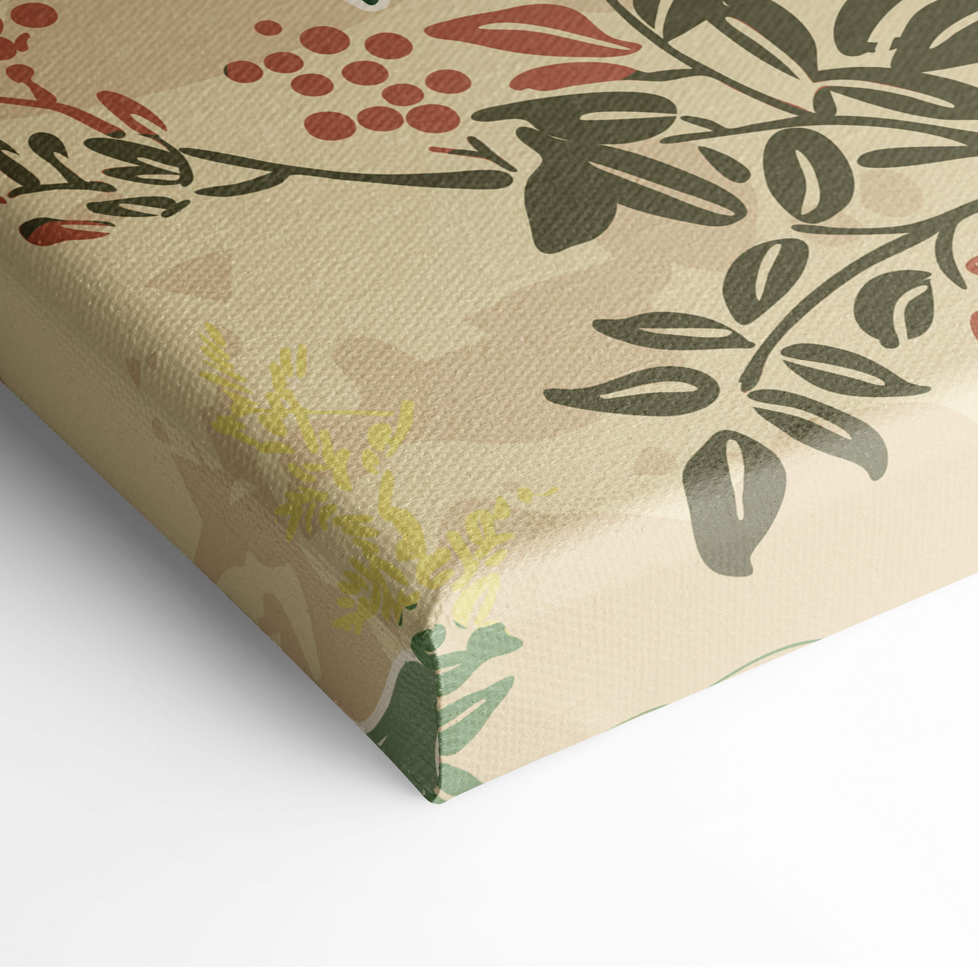 Beige canvas wall art with green leaves red berries and yellow accents vintage asian botanical floral design