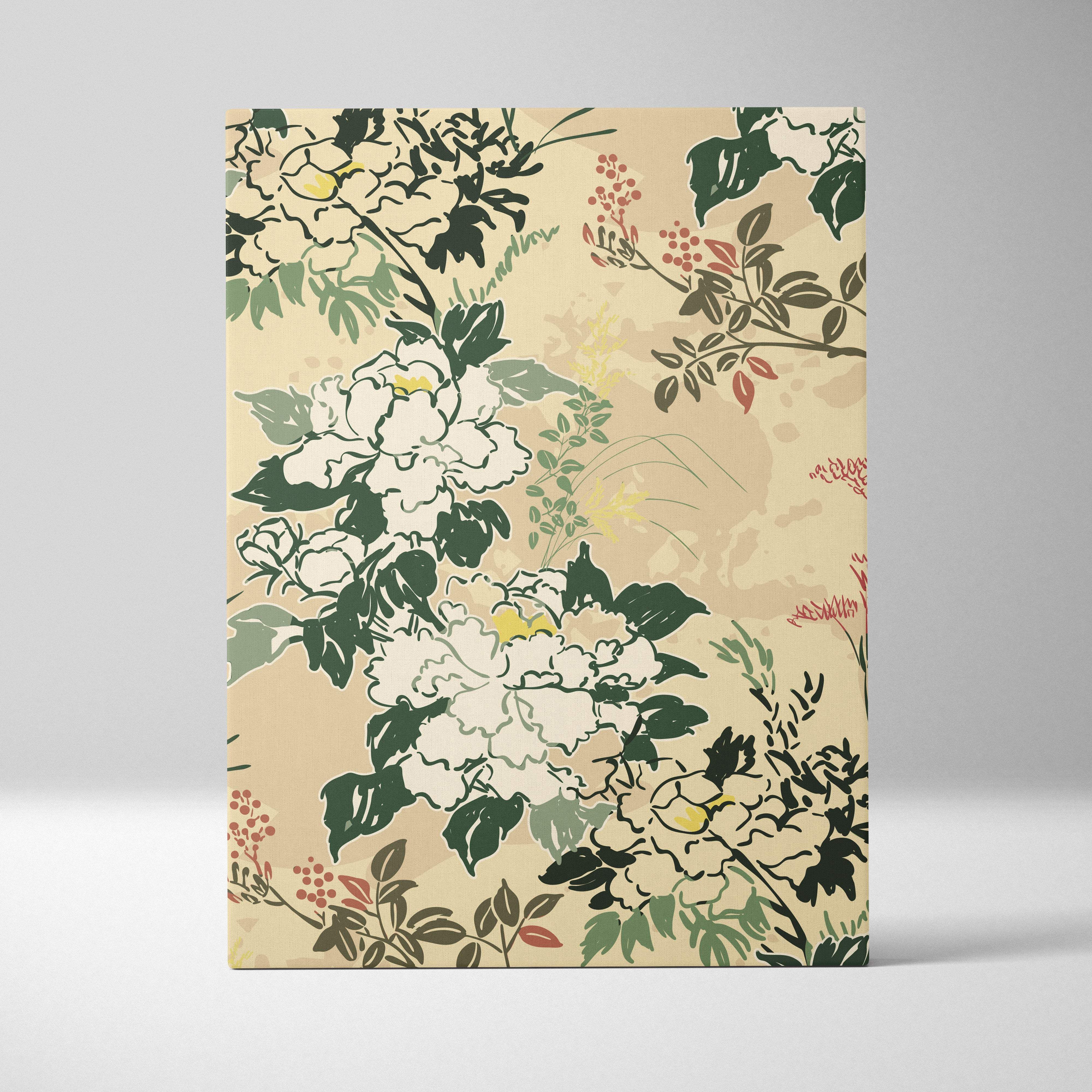Green beige botanical floral canvas wall art with white peonies green leaves and red berries vintage asian garden style