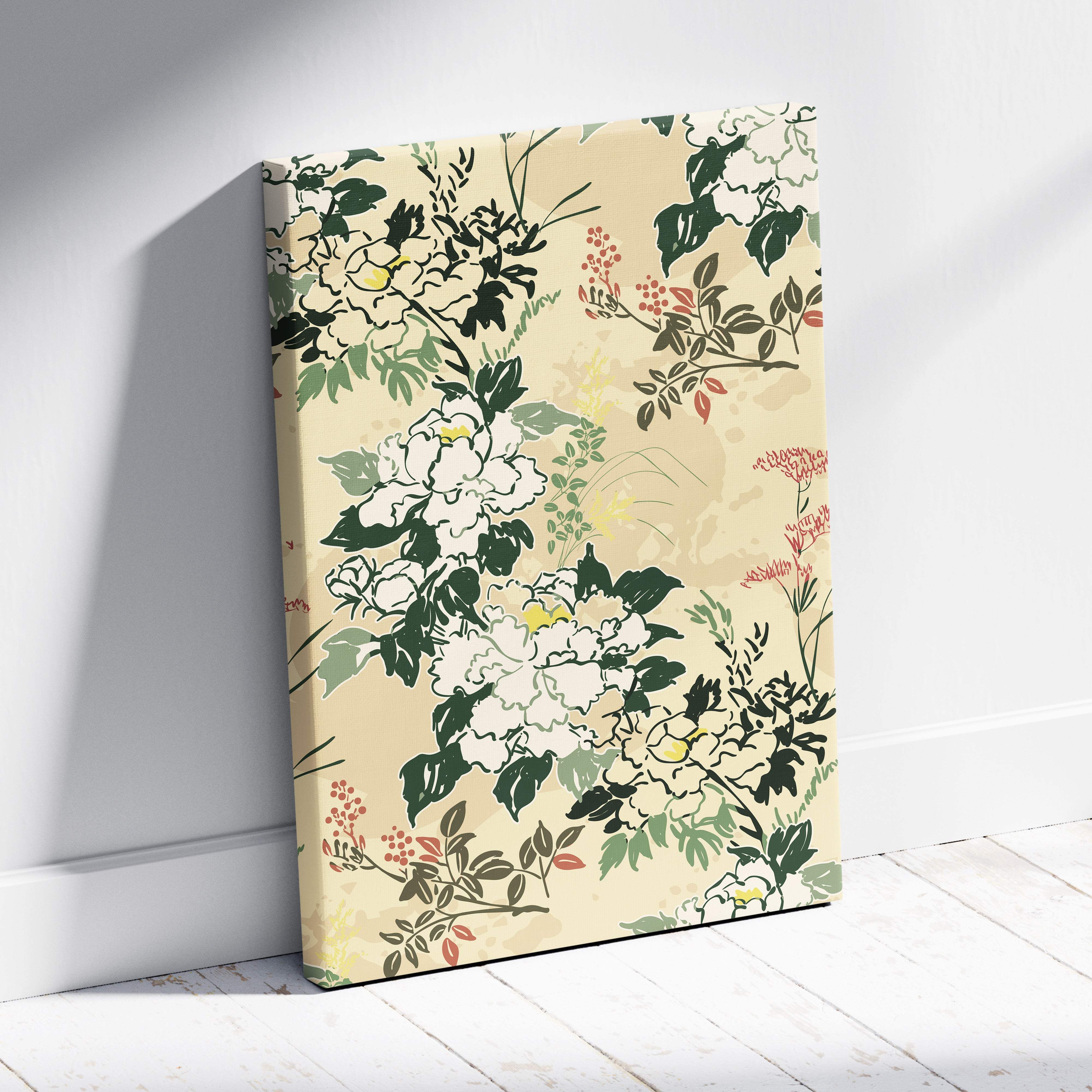 Green beige botanical floral canvas wall art featuring delicate white peonies red blossoms and green leaves on beige canvas