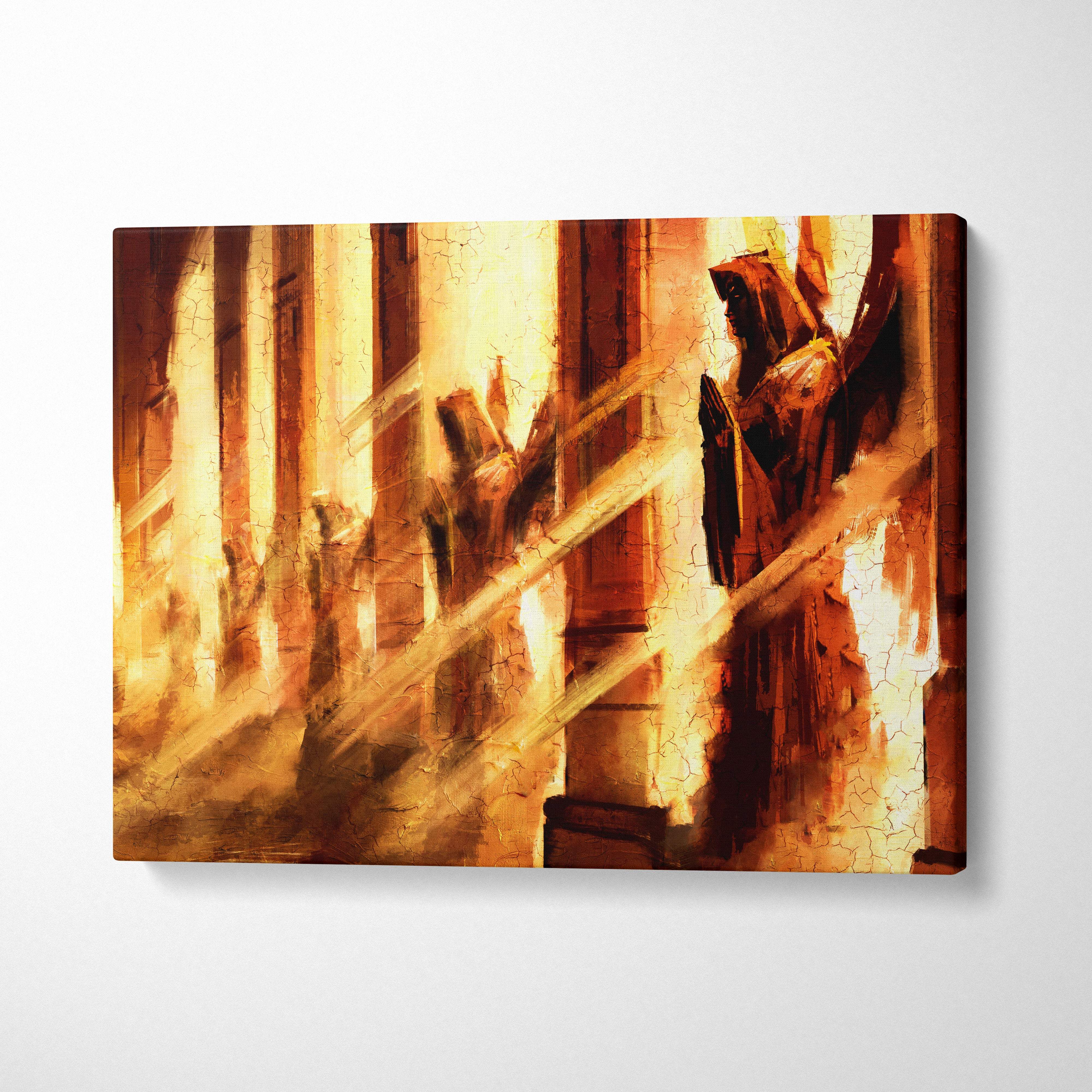 A rectangular canvas print showing a warm amber light painting of robed figures in a gothic stone cathedral interior