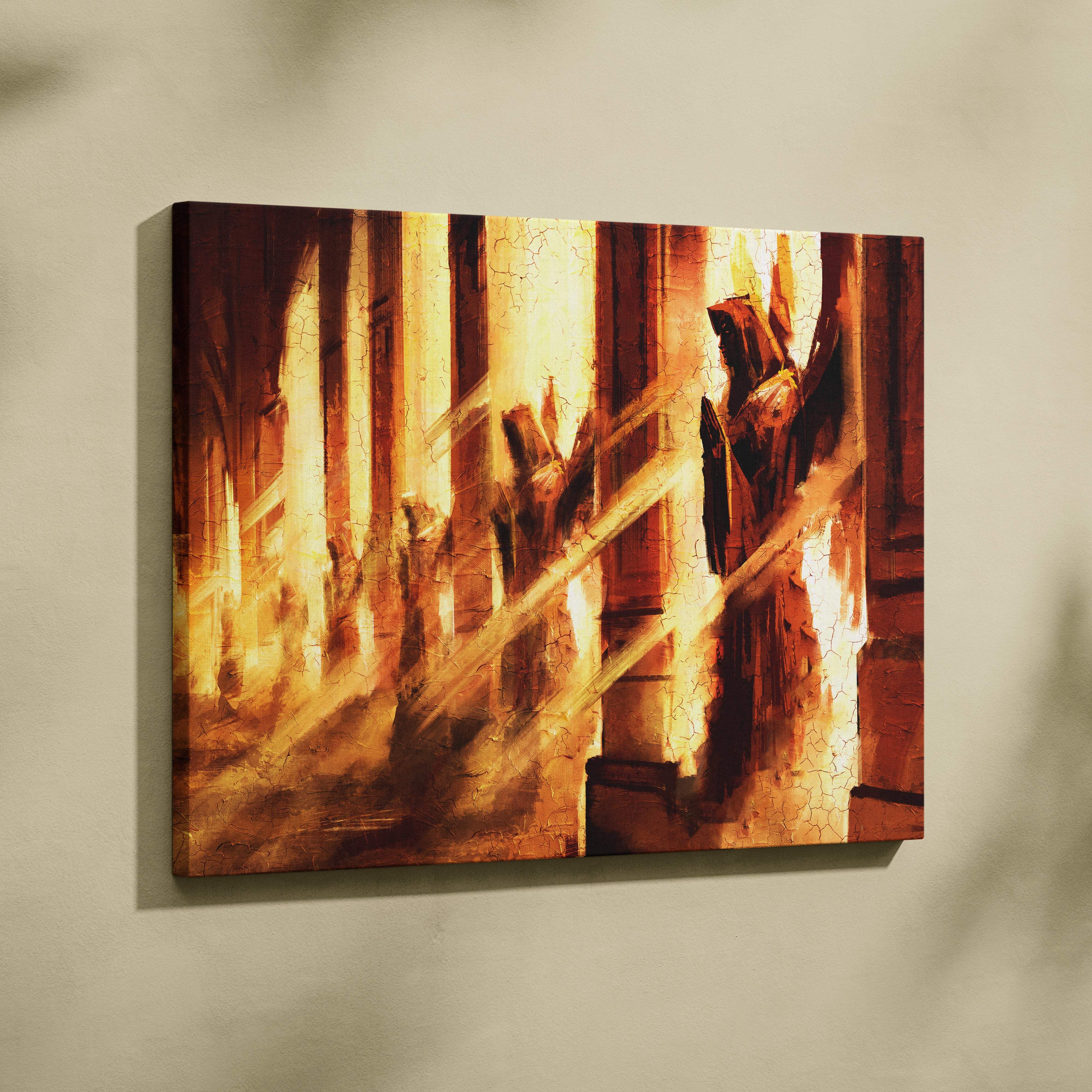 Golden angel statue canvas wall art depicting a sunlit gothic cathedral interior in warm amber and gold tones