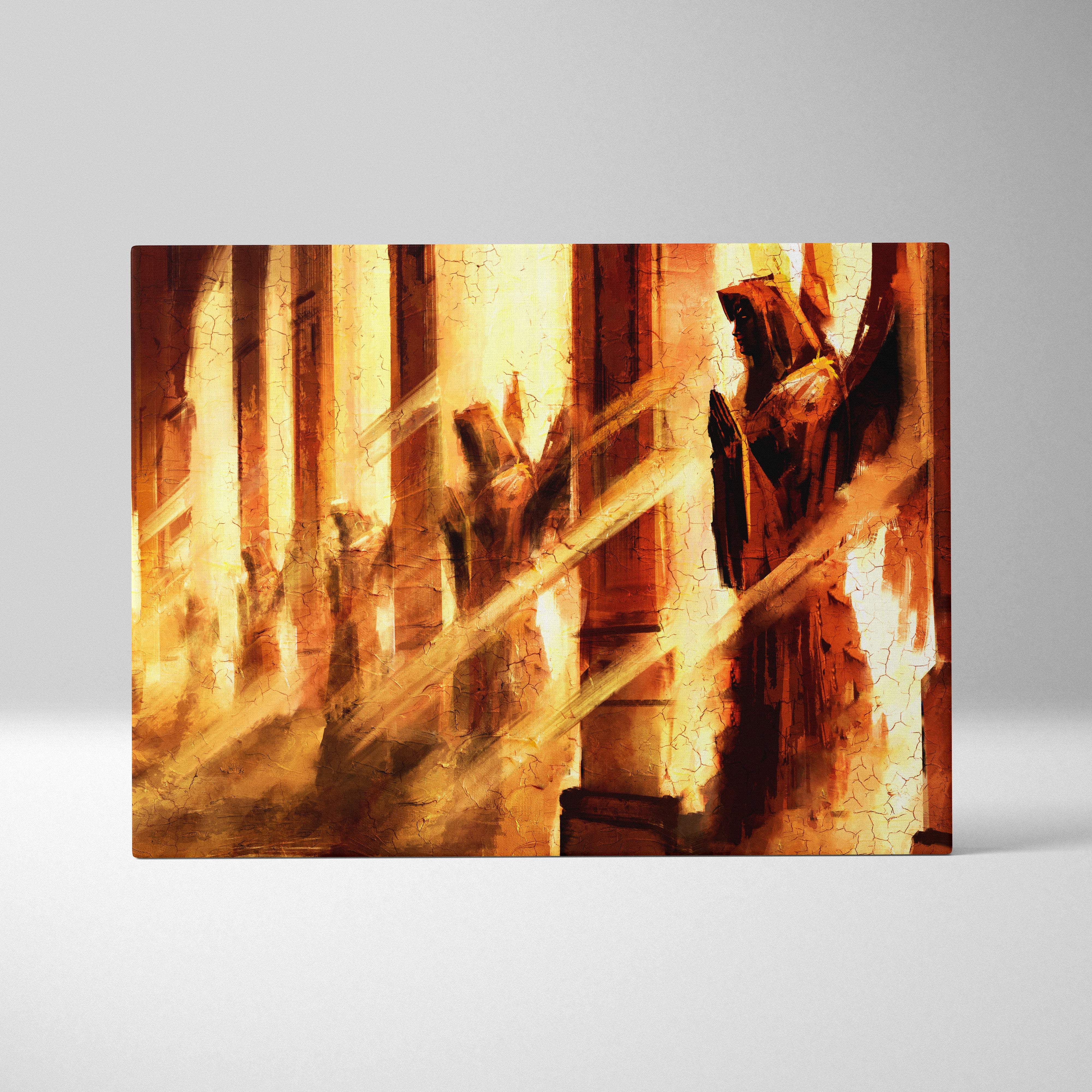A rectangular canvas print of a warm amber gothic cathedral interior with a golden angel statue and robed figure