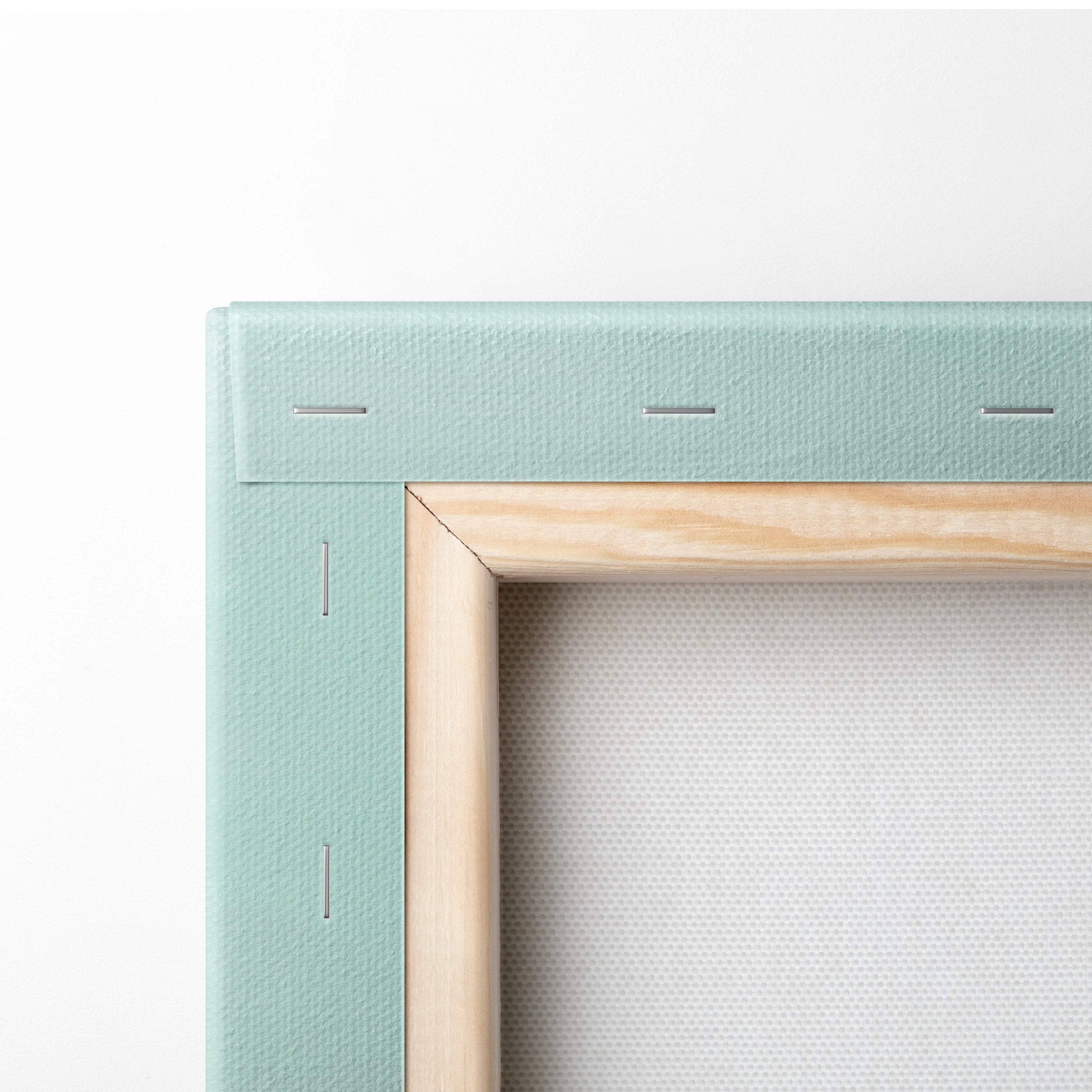 A mint green canvas frame with light wood border featuring contemporary lone man minimal aqua fog landscape print