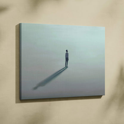 Contemporary lone man canvas wall art with minimalist solitary figure in gray gradient aqua fog landscape print