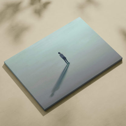 Contemporary lone man canvas wall art with muted tones and minimal aqua fog landscape for bedroom decor