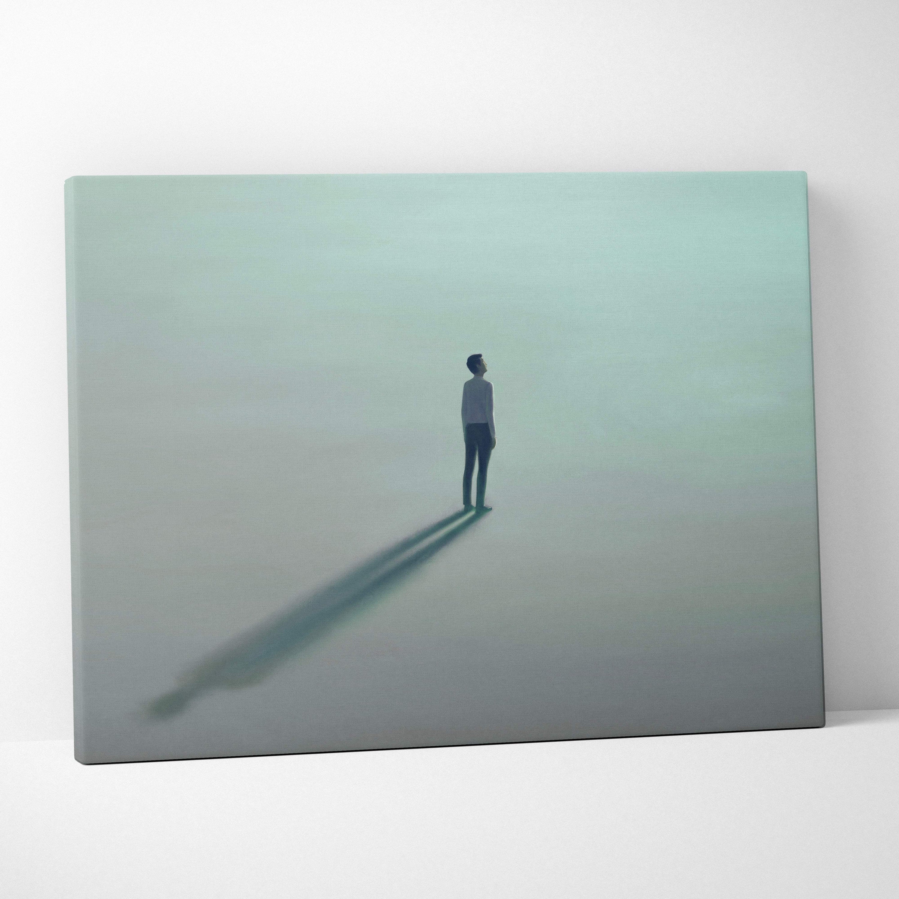 Minimalist canvas print of a solitary figure in a misty teal and gray landscape for modern bedroom decor
