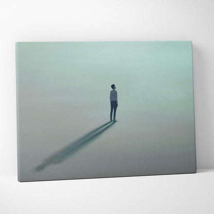 Minimalist canvas print of a solitary figure in a misty teal and gray landscape for modern bedroom decor