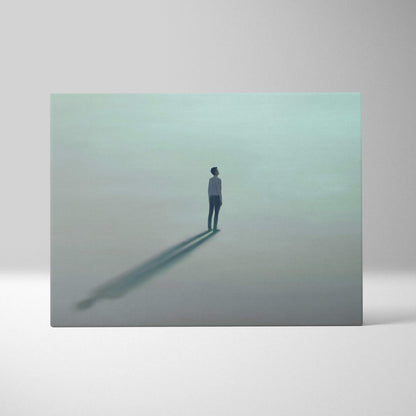Contemporary lone man canvas wall art showing a solitary figure in a minimalist aqua fog misty landscape print