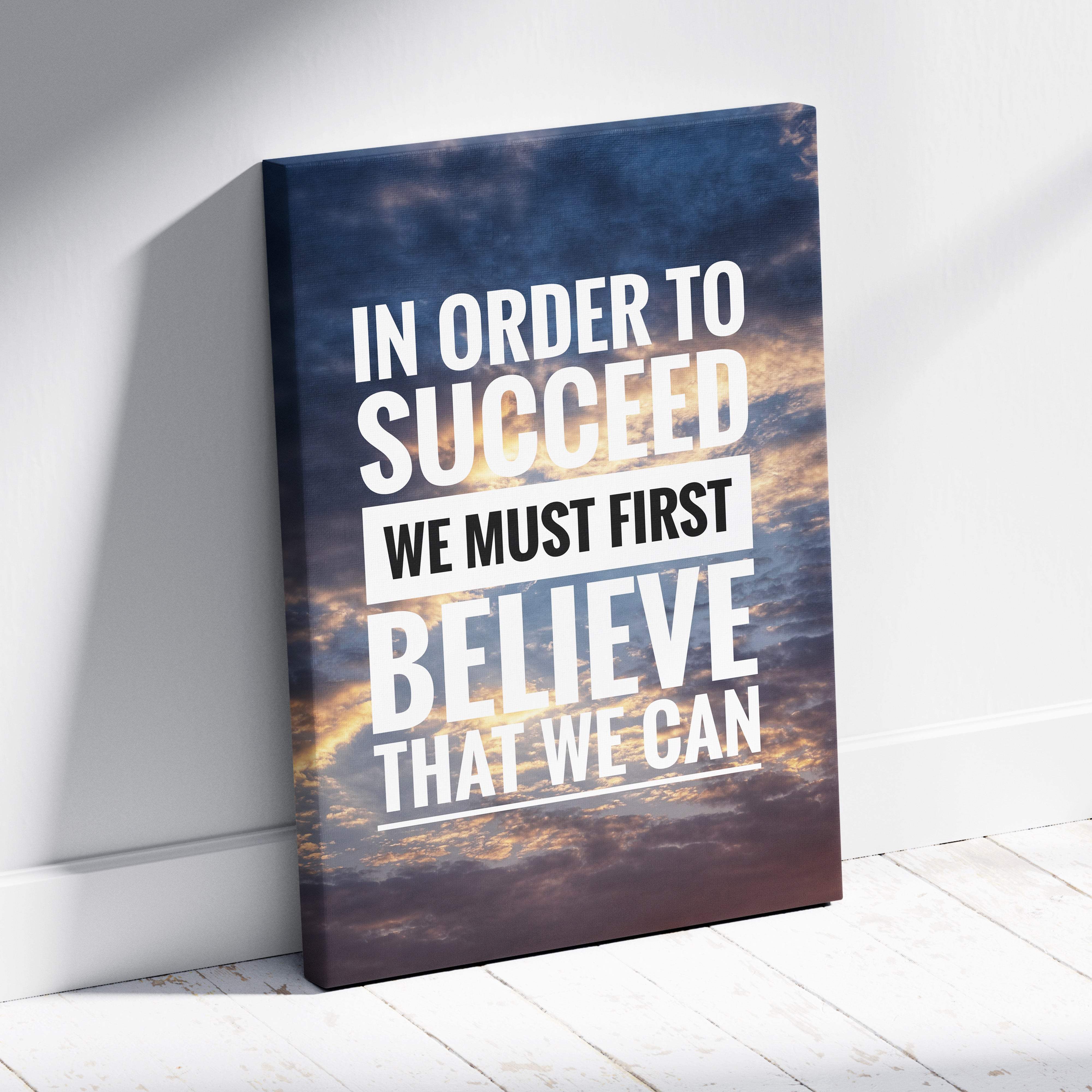 Canvas print wall art with motivational success quote in bold white and black lettering on dramatic sky backdrop