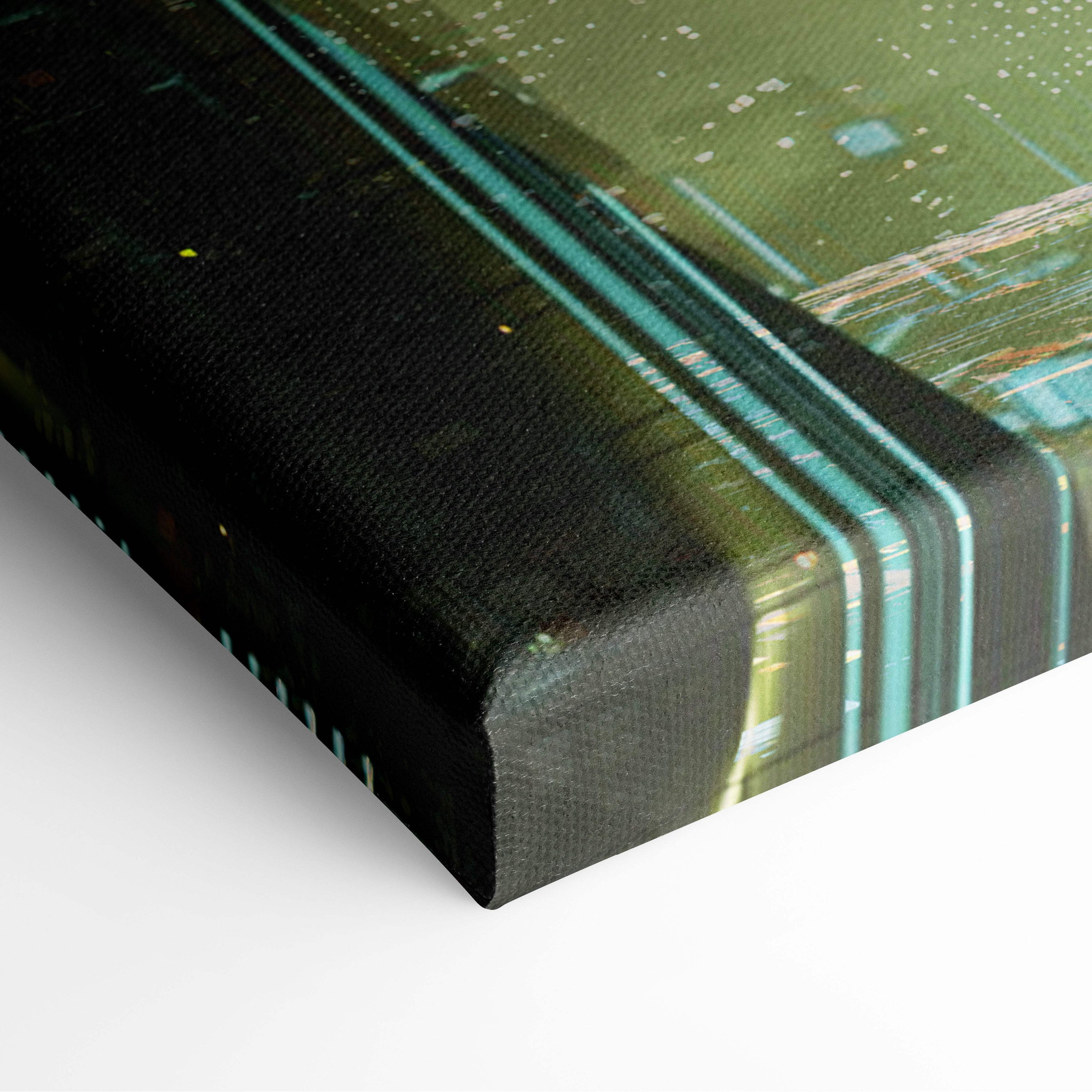 Black canvas print featuring teal and green abstract lines for cyberpunk city futuristic skyline wall art decor