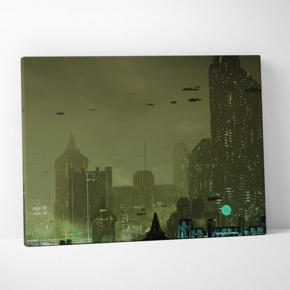 Rectangular canvas print of a cyberpunk cityscape with green black futuristic skyline and flying vehicles under green gray sky