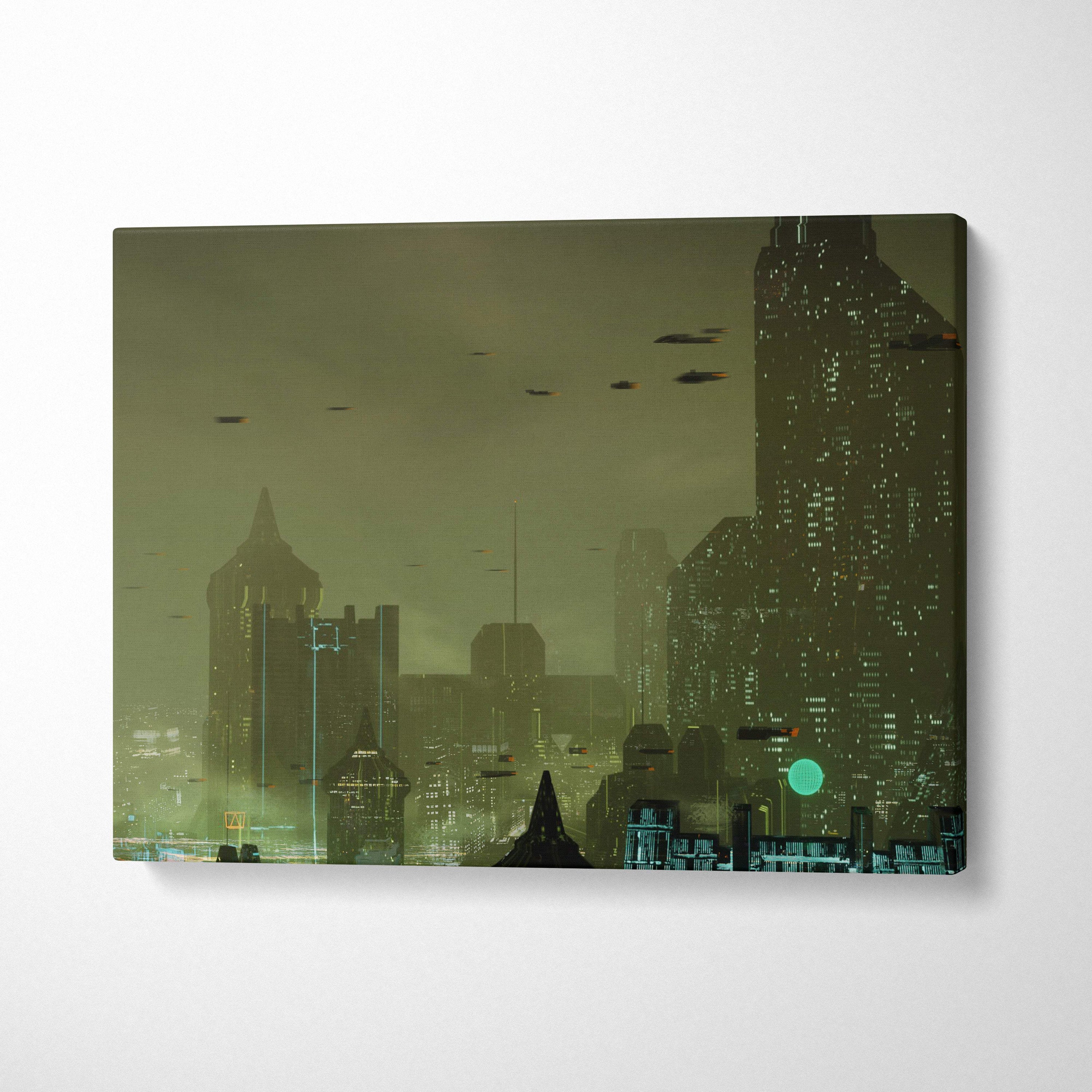 A canvas print of a cyberpunk cityscape with green black glowing lights and flying vehicles futuristic wall art